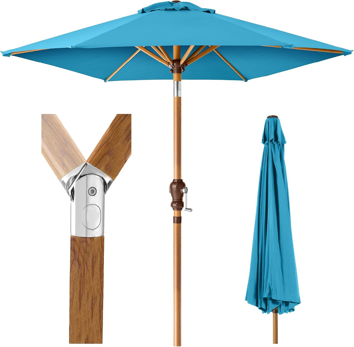 Turquoise canopy with wood-look pole and close-up of joint and crank, plus closed view