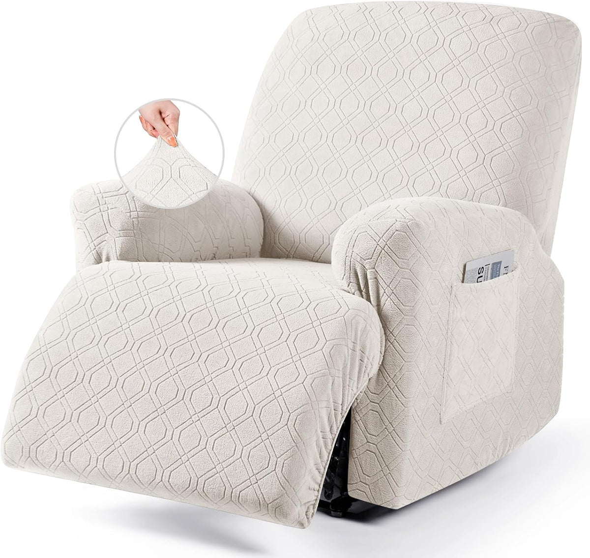 Light beige single recliner covered in textured slipcover with hand stretching fabric and arm pocket shown.
