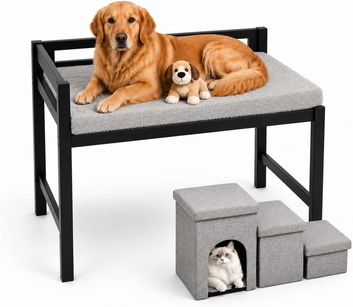 Golden retriever resting on gray mattress in a black bedside pet bed with gray three-step stairs and cat in lower cubby
