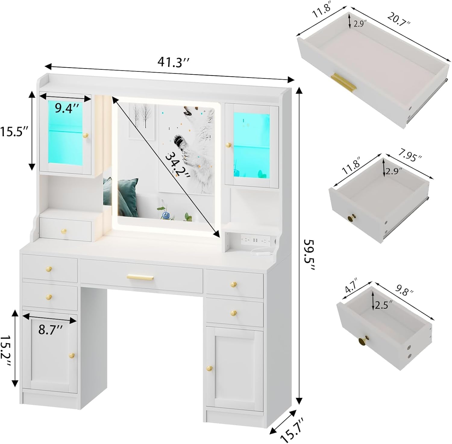 Diagram of the vanity showing a rectangular mirror and annotated measurements with three separate drawer illustrations