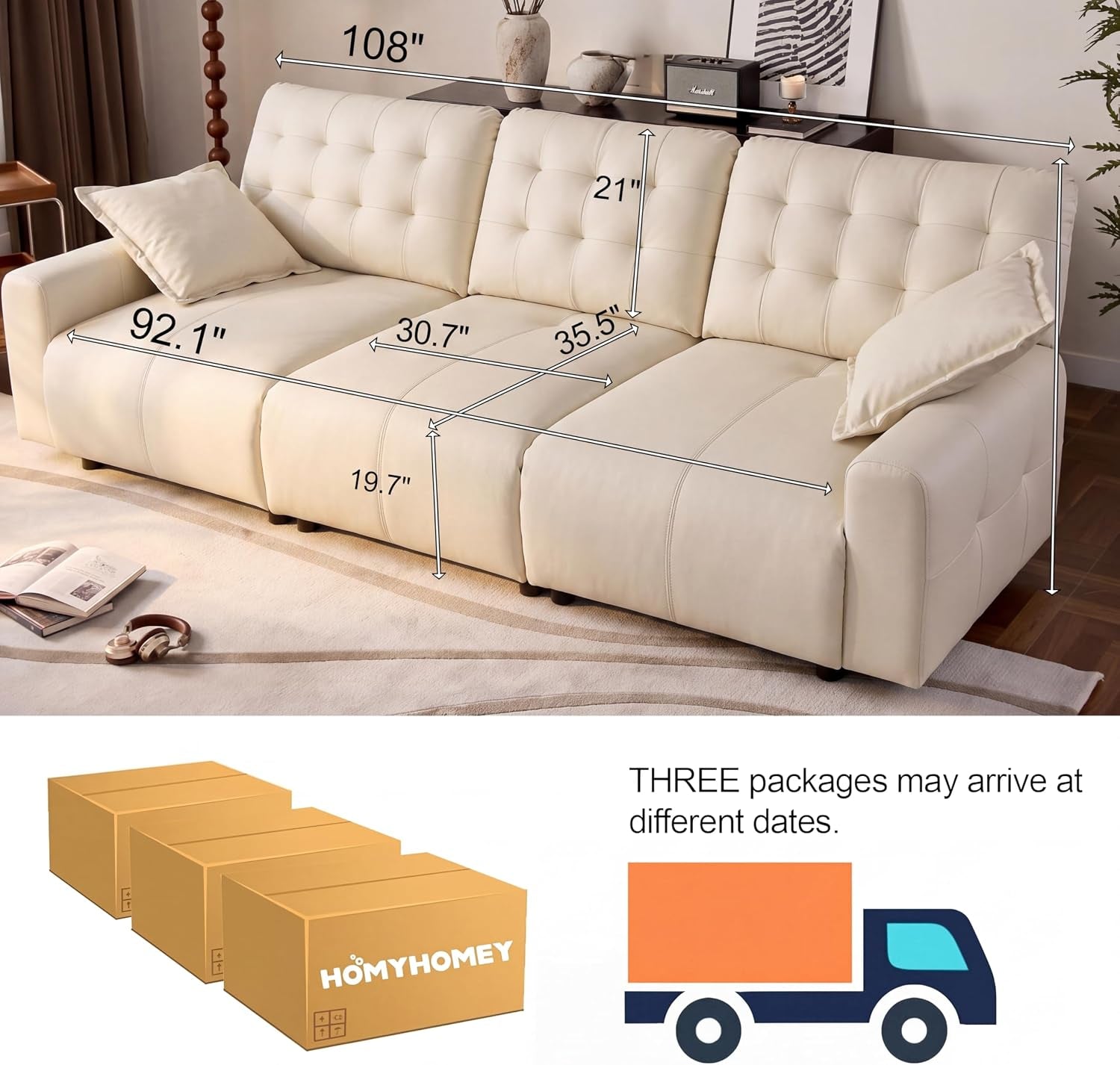 Beige three-seat sectional shown with measurement overlays across seats and packaging graphics indicating multiple boxes