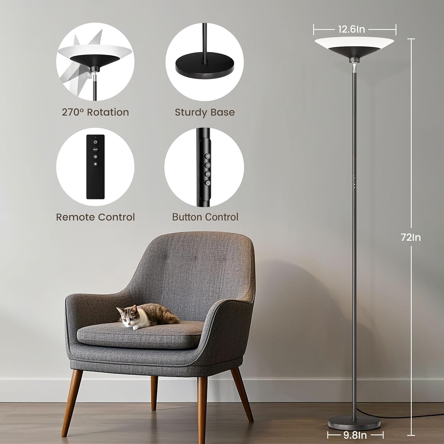 Graphic layout showing lamp features and measurements with a chair and cat, indicating 72 in height and 12.6 in shade