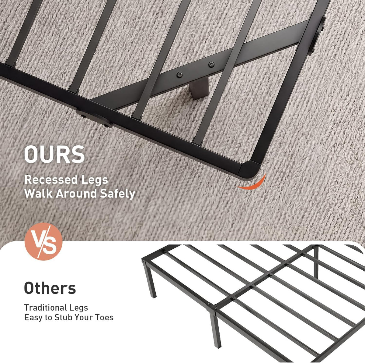 Close-up of recessed corner leg and metal slats on a black platform bed frame placed on carpet