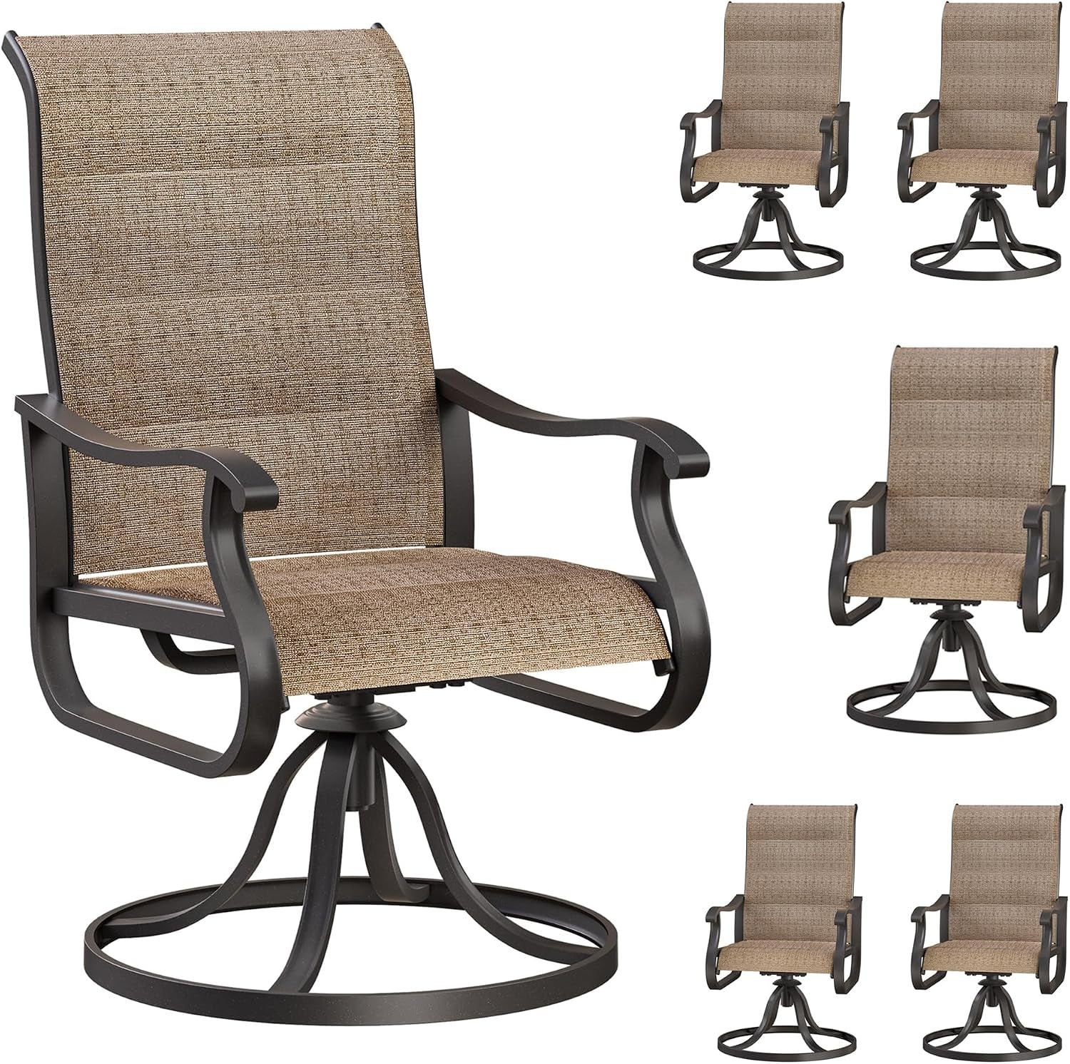 Close-up brown swivel chair at left with four smaller matching chair views arranged to the right.