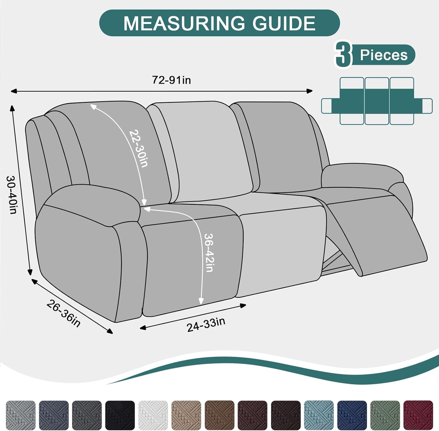 Recliner Sofa Covers Recliner Chair Covers Couch Covers for Reclining Couches with Pockets Washable Furniture Protector with Elastic Bottom (3 Seater, Grey)