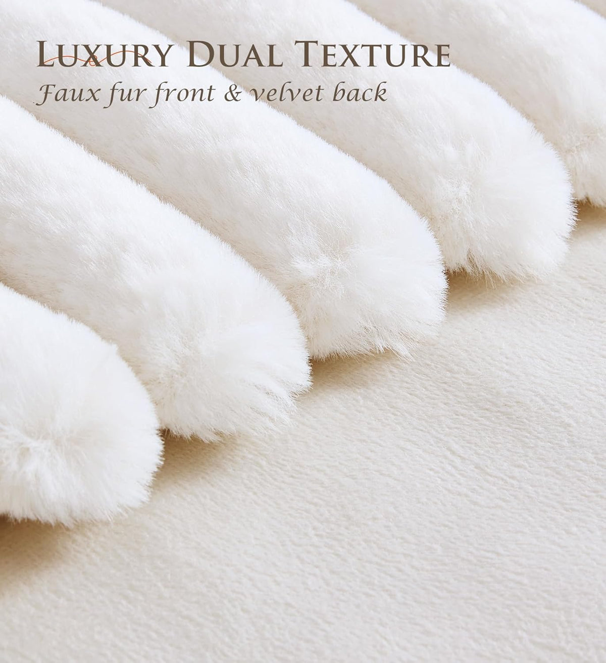 Macro detail of cream faux rabbit fur showing plush striped ribs and soft pile