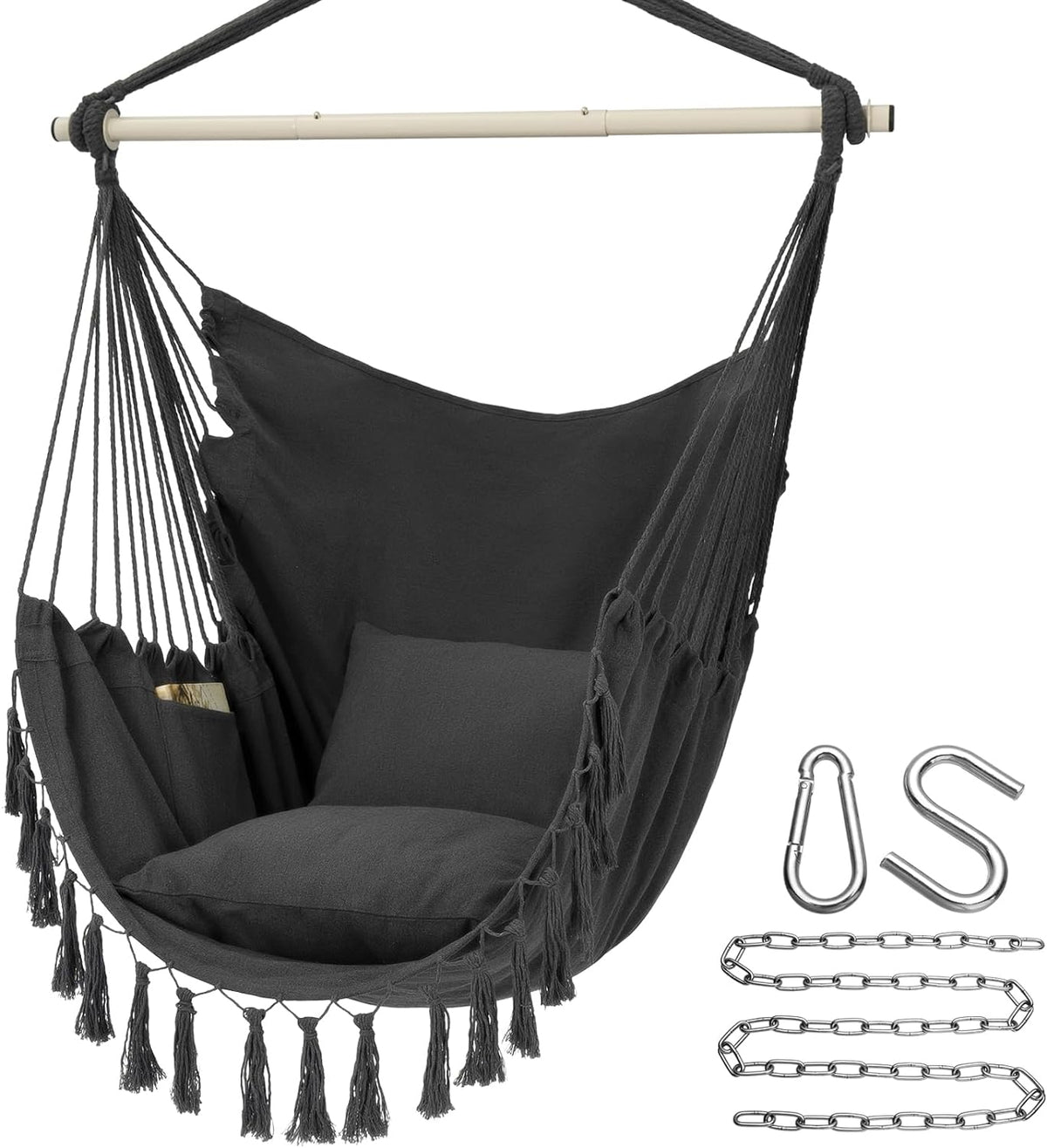 Dark grey hammock-style hanging chair with tasseled trim, cushion, side pocket and included chain and hardware on a white背景