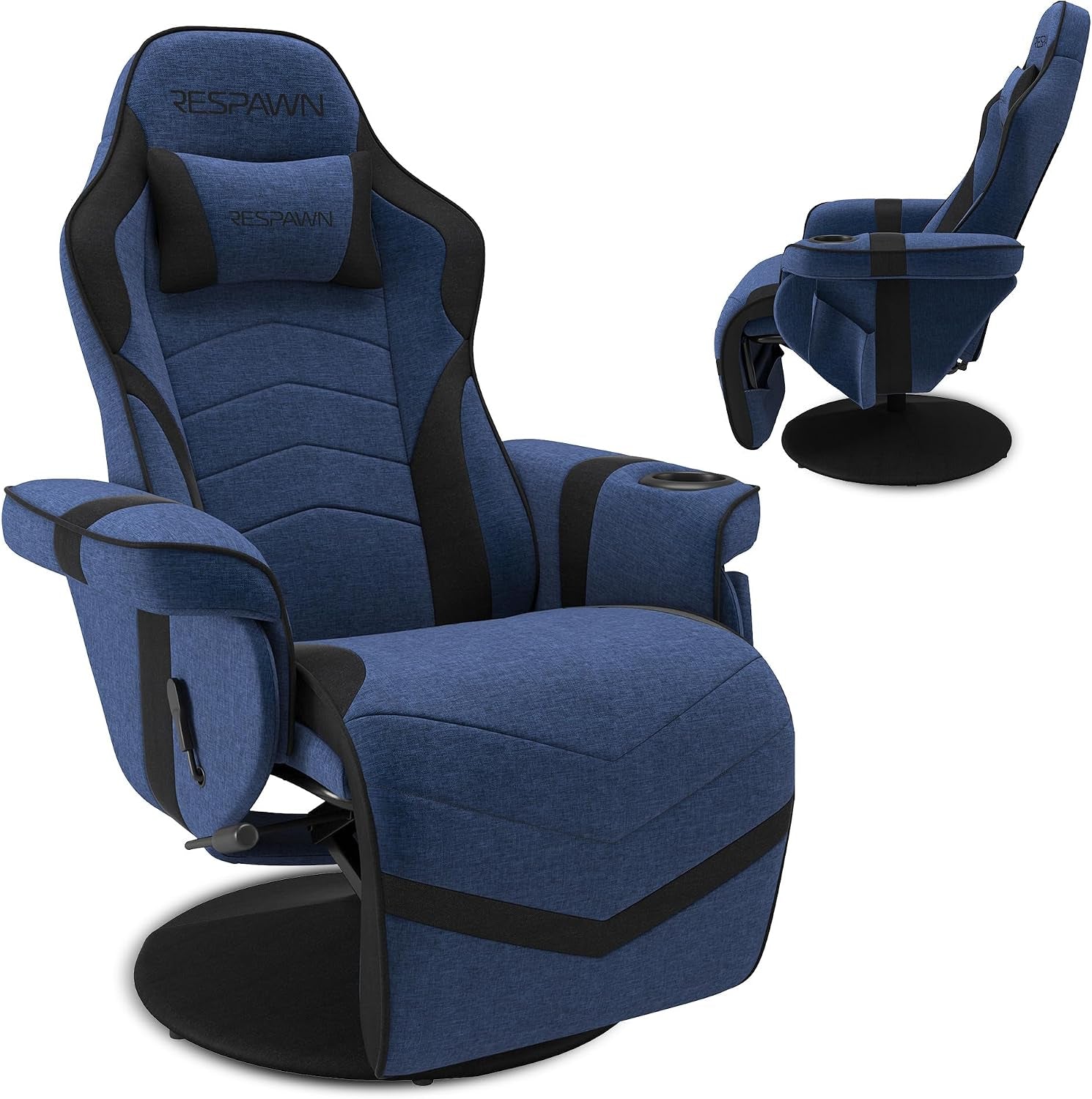 Blue fabric gaming recliner with black accents, lumbar cushion and cup holder; inset shows side view on swivel base