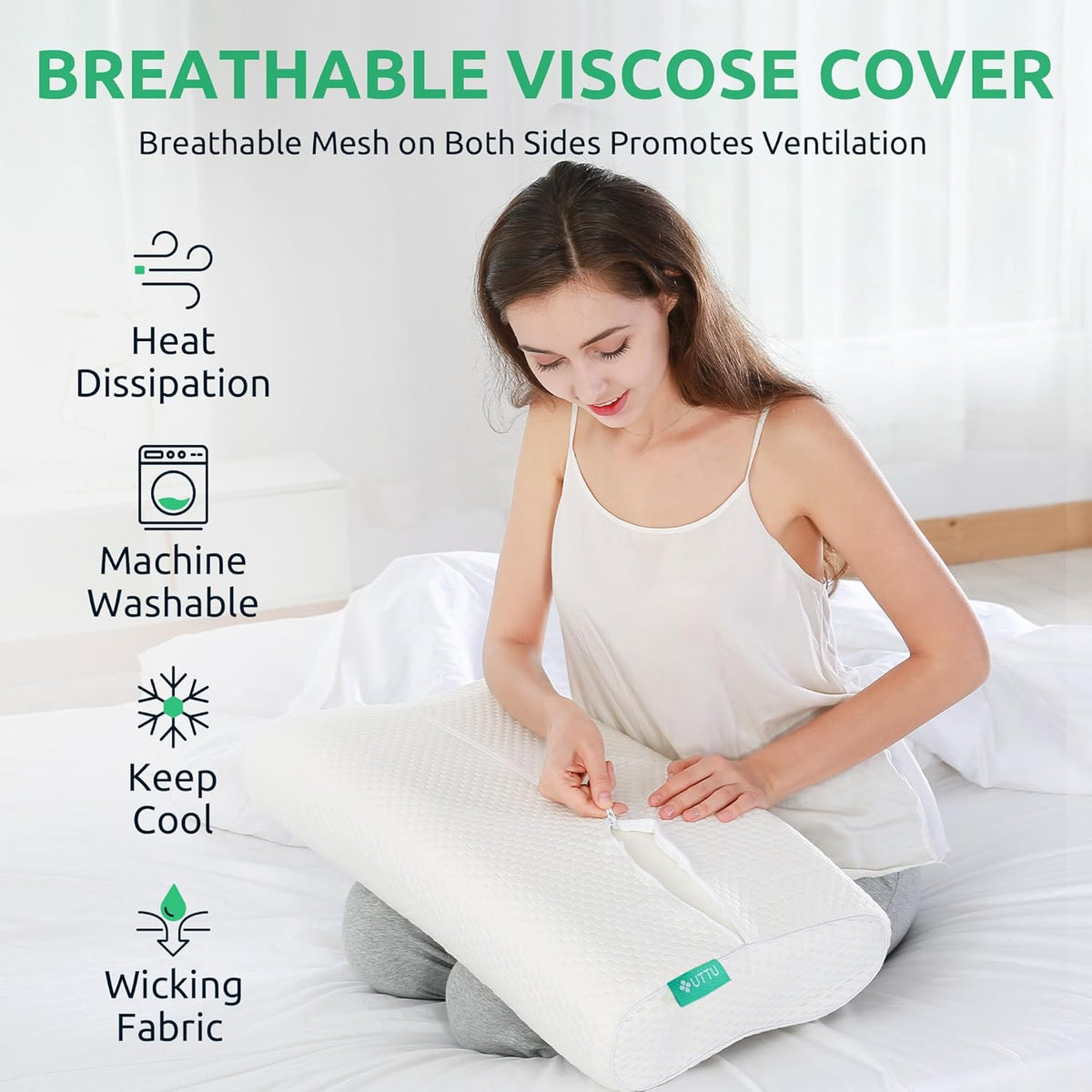 Woman unzipping the breathable white pillow cover on a contour cervical pillow, showing mesh fabric