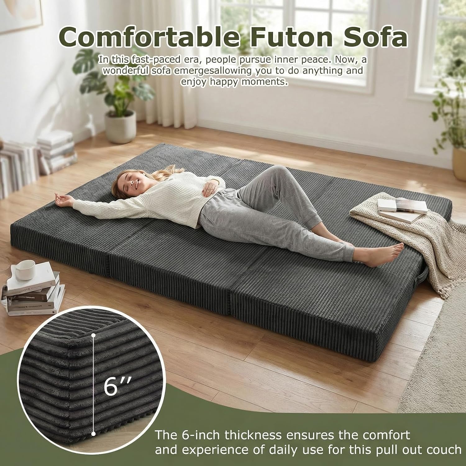 Grey futon mattress fully unfolded on floor highlighting 6-inch thickness