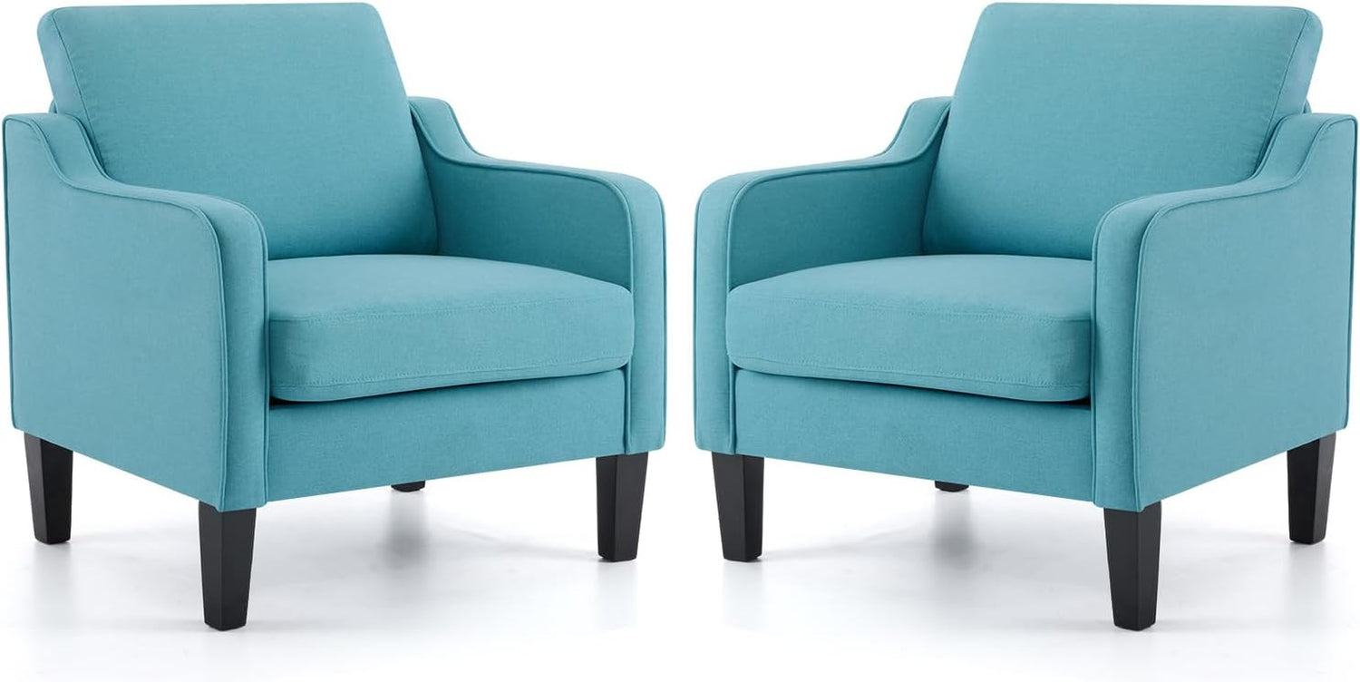 Two matching turquoise upholstered accent chairs shown side by side with dark wood legs.