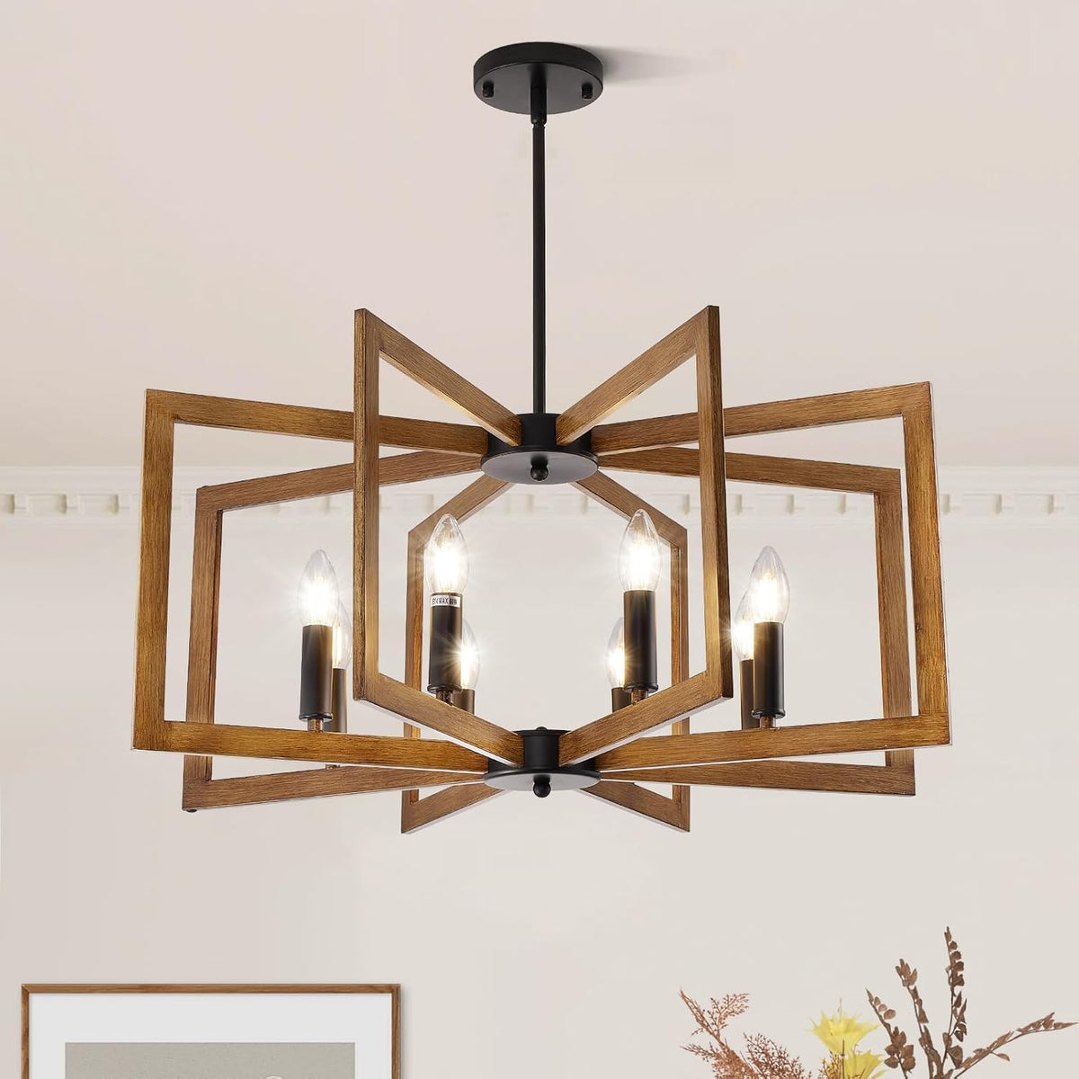 Wood-finish geometric chandelier variant with six lit bulbs, black sockets and a black ceiling mount in a room setting.