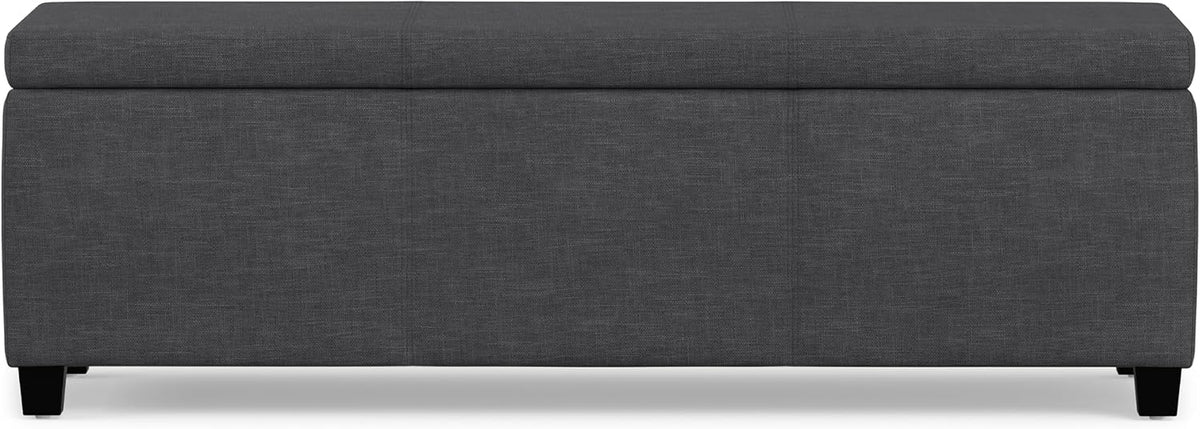 Front view of the closed slate-gray storage bench on short black legs against a white background.