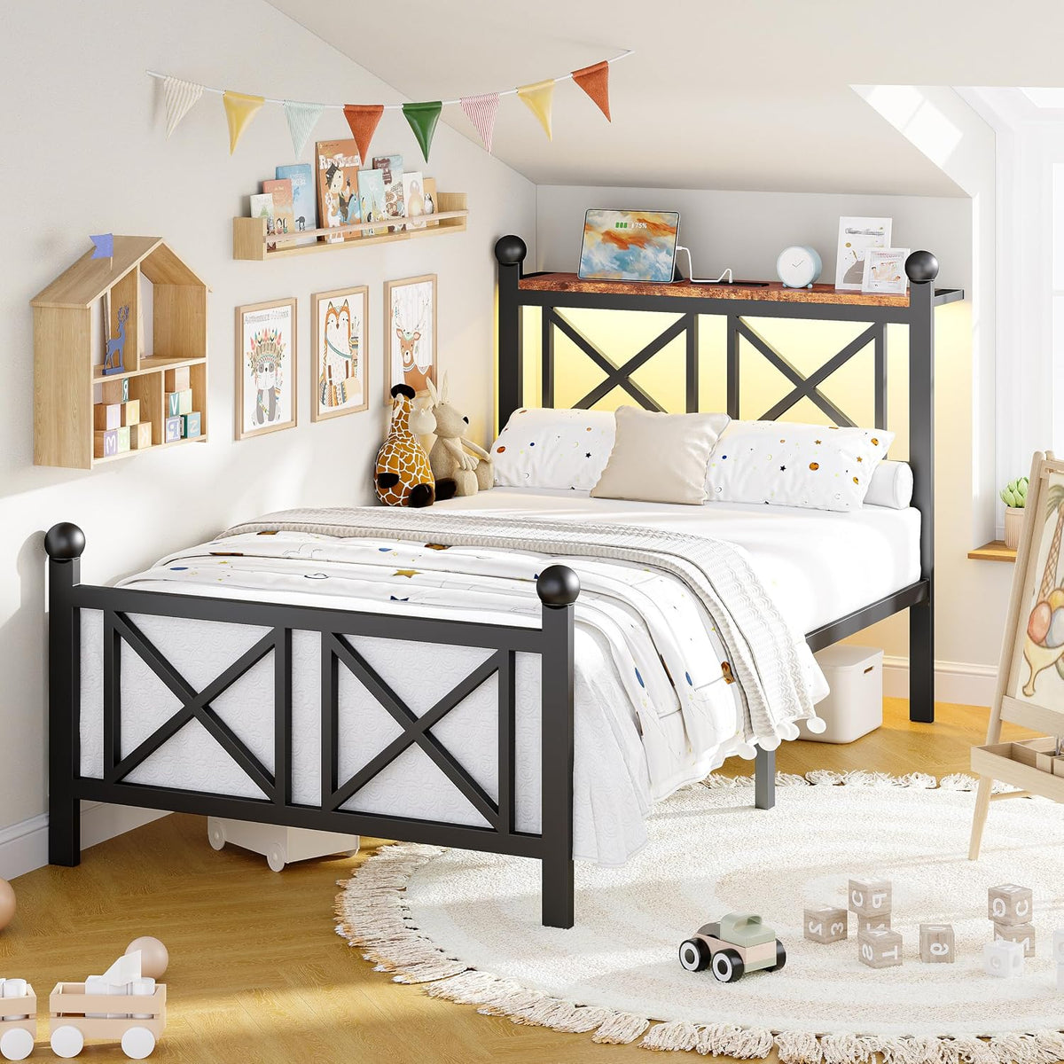 Angled view of the same black X-panel bed in a bright playroom with toys, wall art, and round rug.
