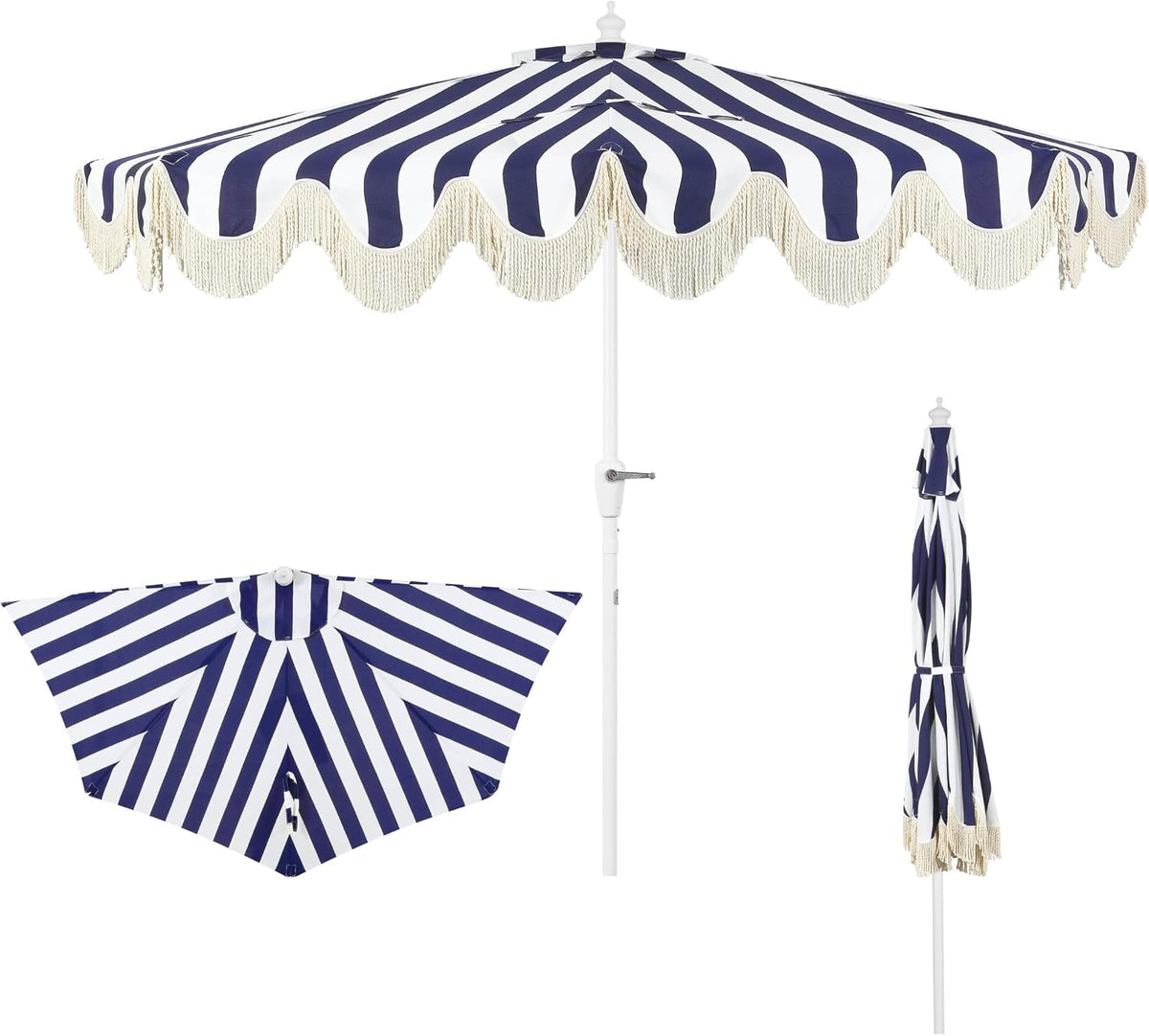 Open blue-and-white striped scalloped half umbrella on a white pole, with inset showing canopy underside and a folded view