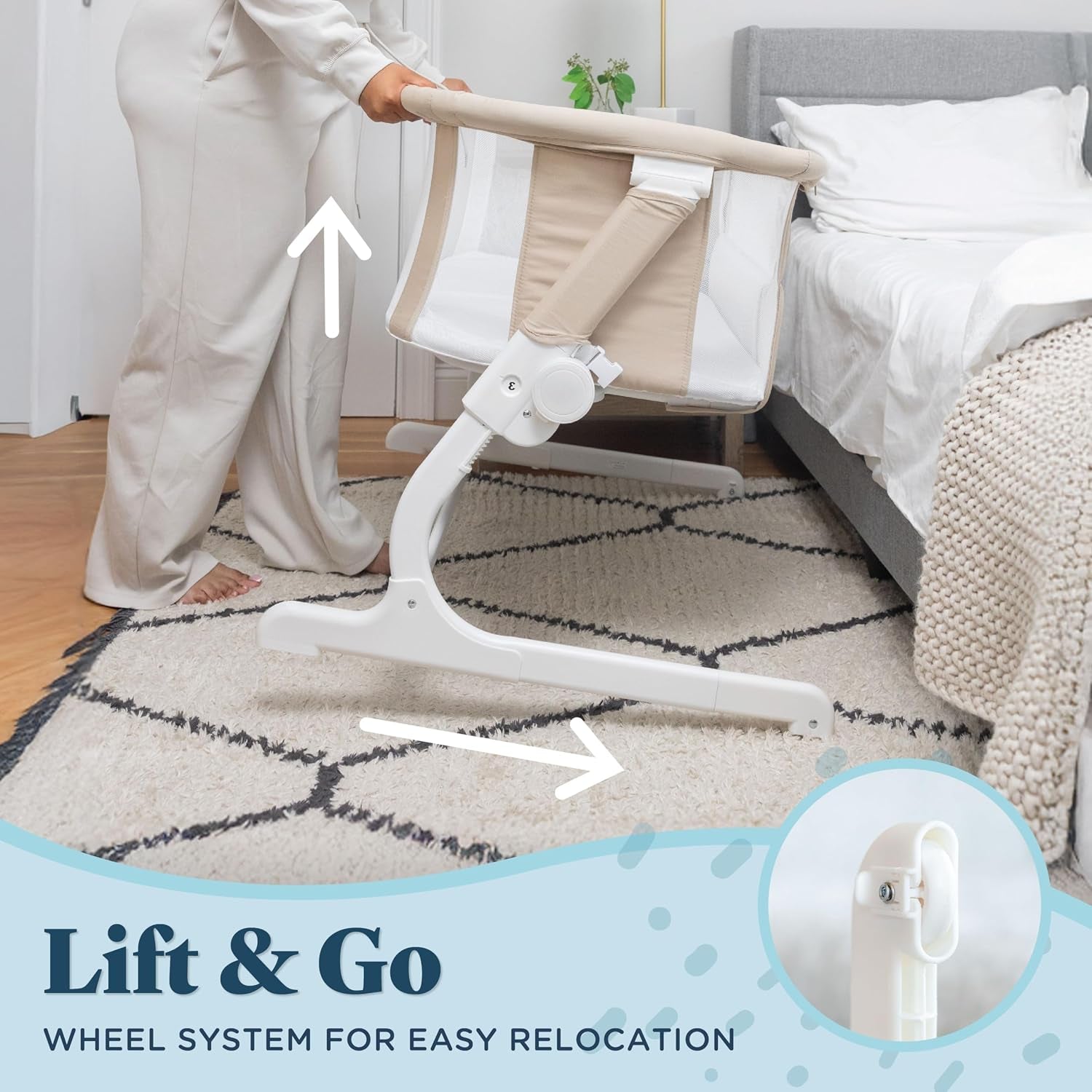 Profile of the bassinet being lifted at the head, showing its curved white base and a close-up wheel inset.