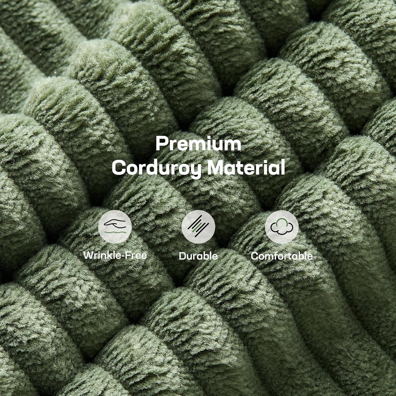 Close-up of soft green corduroy ribs and pile showing texture and depth