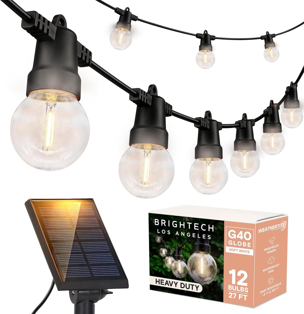 Angled close-up of black bulb sockets and clear G40 globes with visible warm filaments on a white background.