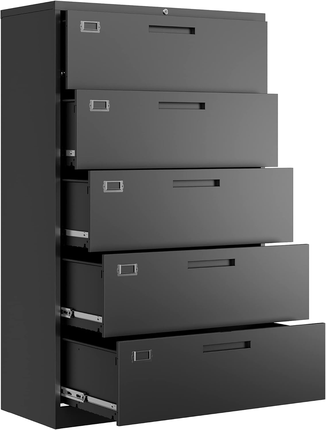 Tall black metal filing cabinet shown from the side with all four drawers partially open.