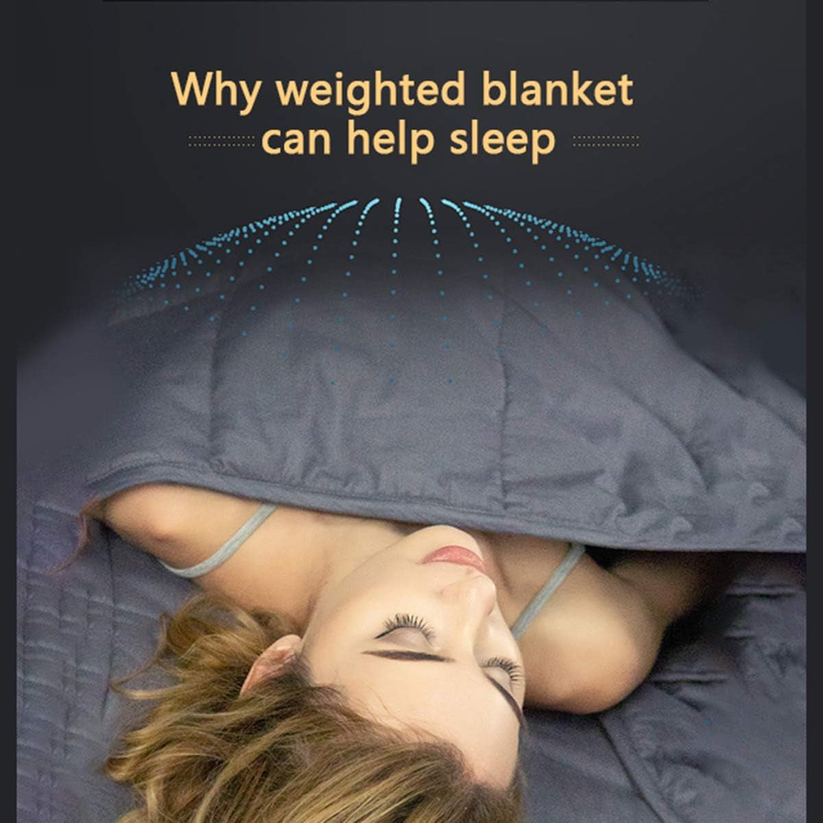 Reclining person covered by dark grey weighted blanket with graphic overlay about sleep benefits