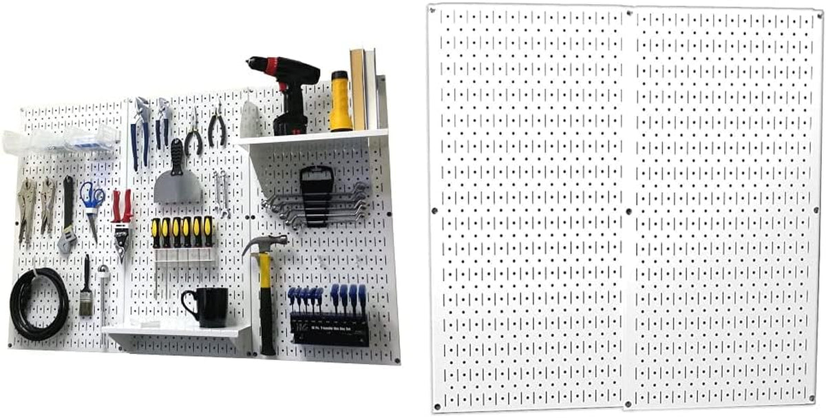 Two white metal pegboard panels mounted side-by-side, left panel holds tools and shelves; right panel mostly empty.