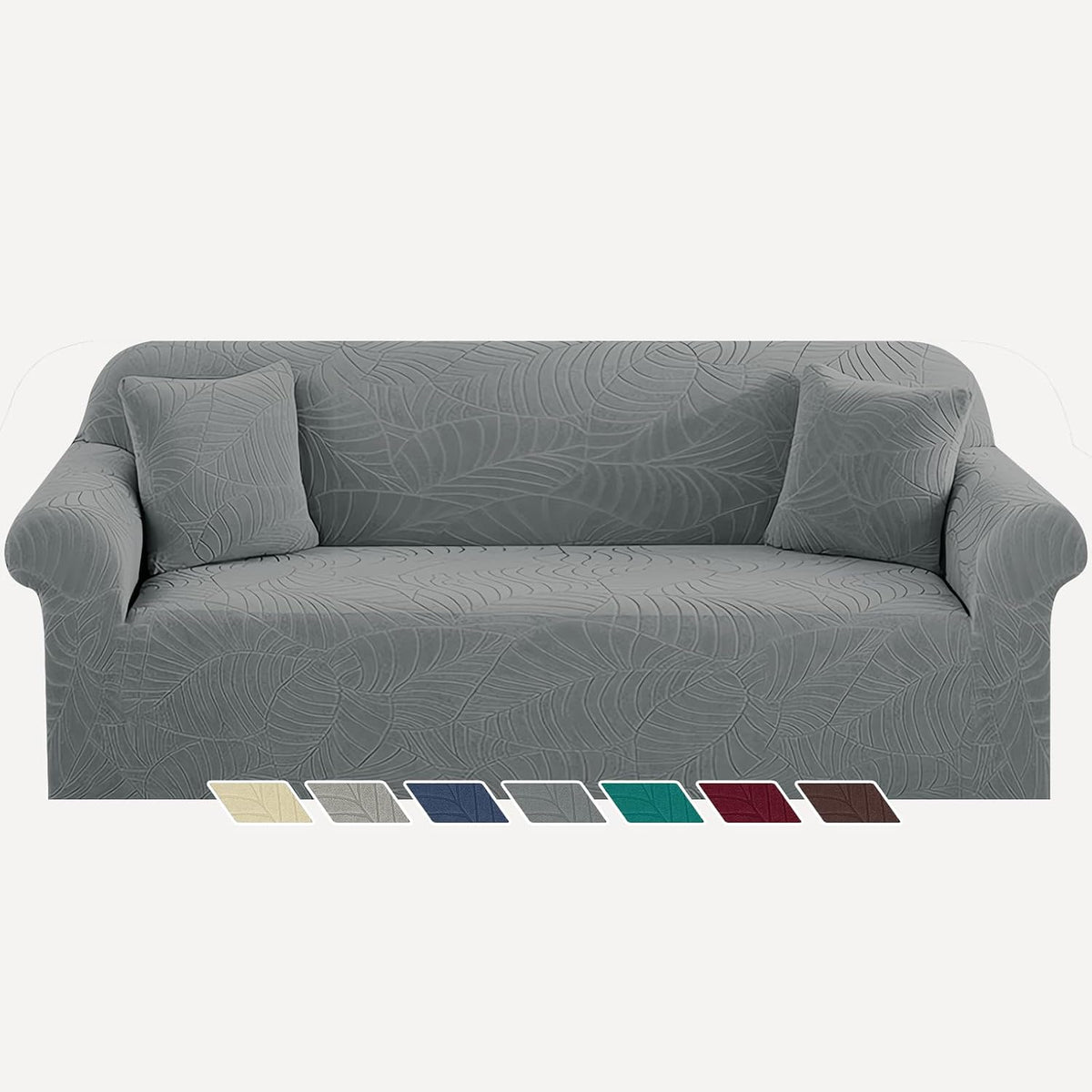 Gray three-seat sofa cover shown with two matching pillows and a row of small color swatches beneath.
