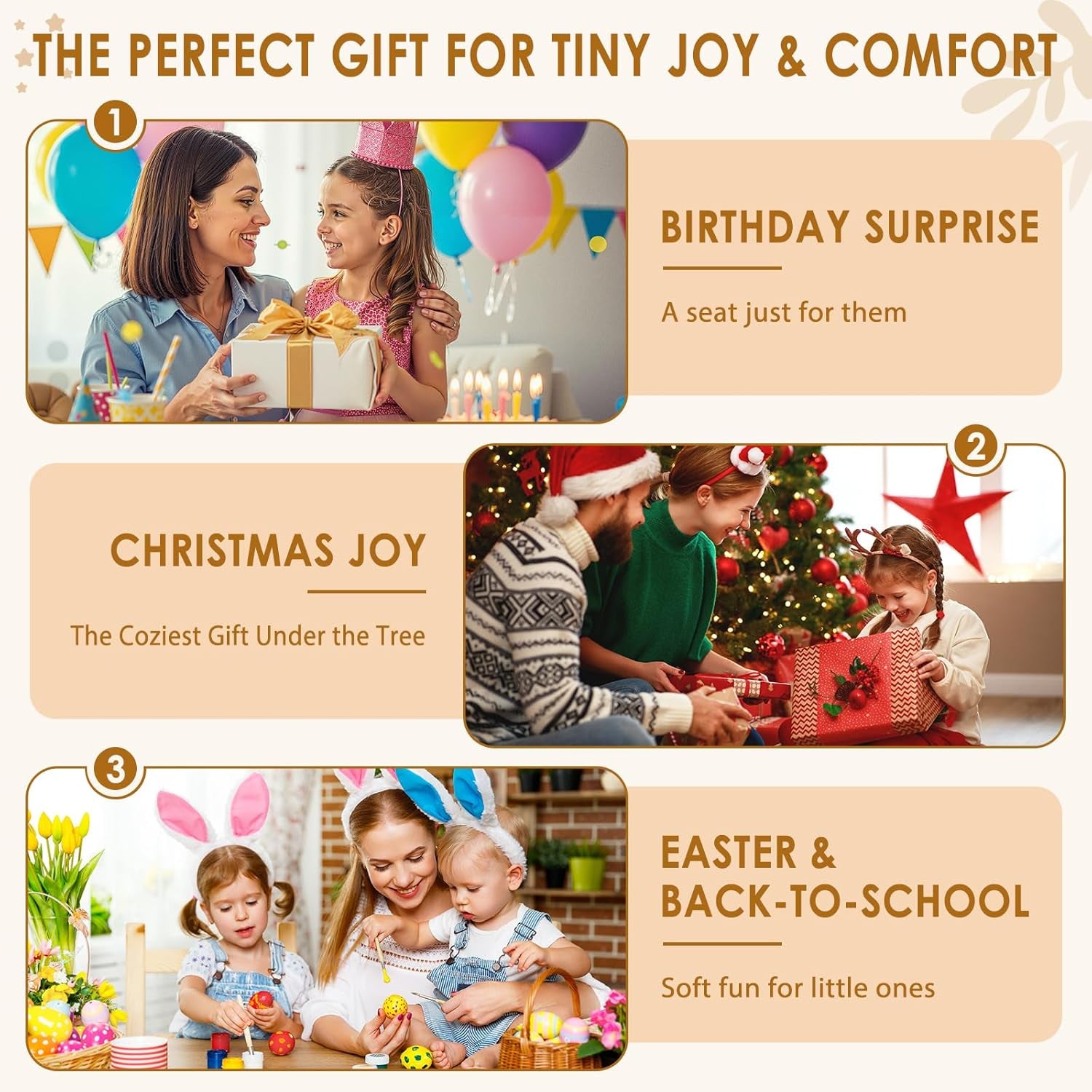 Three-panel lifestyle collage showing birthday, Christmas, and Easter gift scenes.
