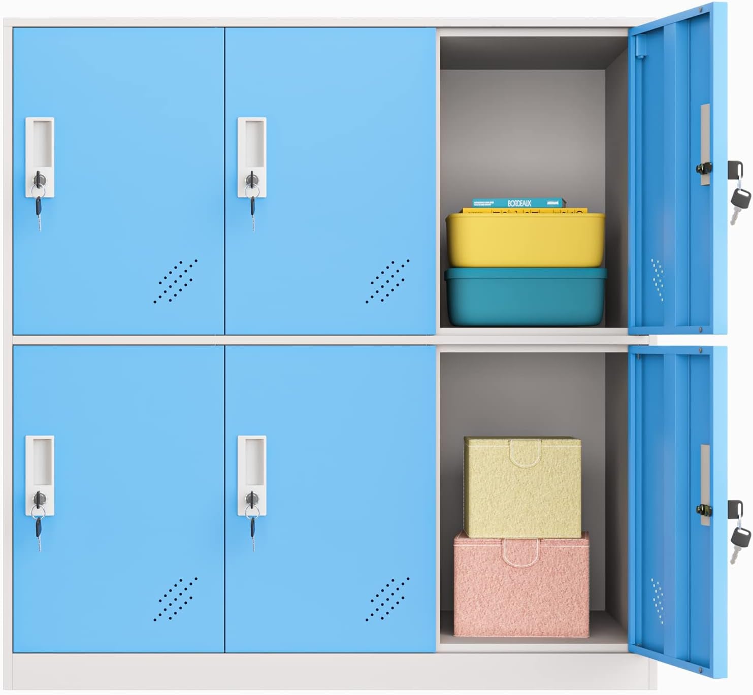Close front view of a blue six-compartment metal locker with one right compartment open holding stacked storage bins.