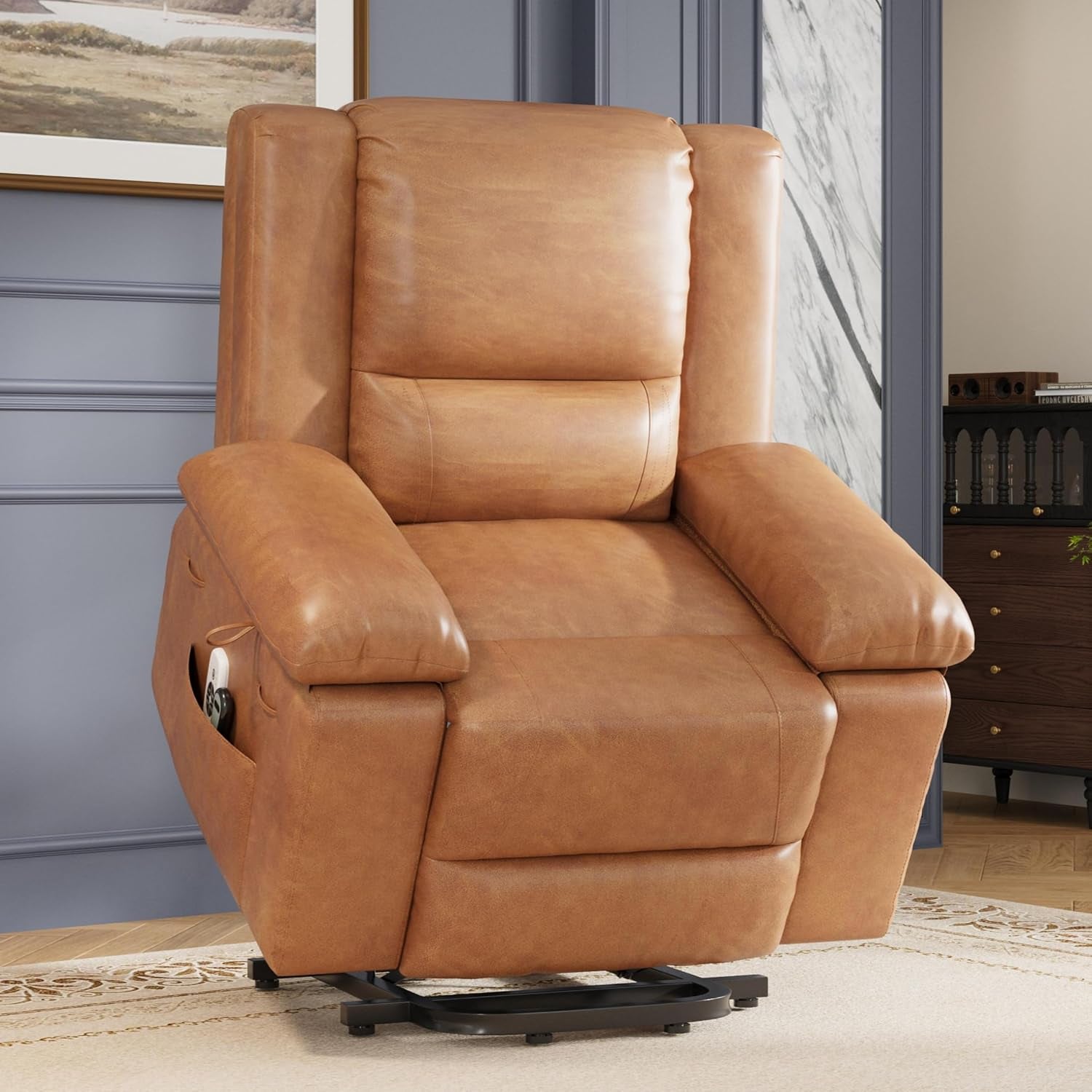 Cognac leather lift recliner shown angled slightly right in a styled living room.