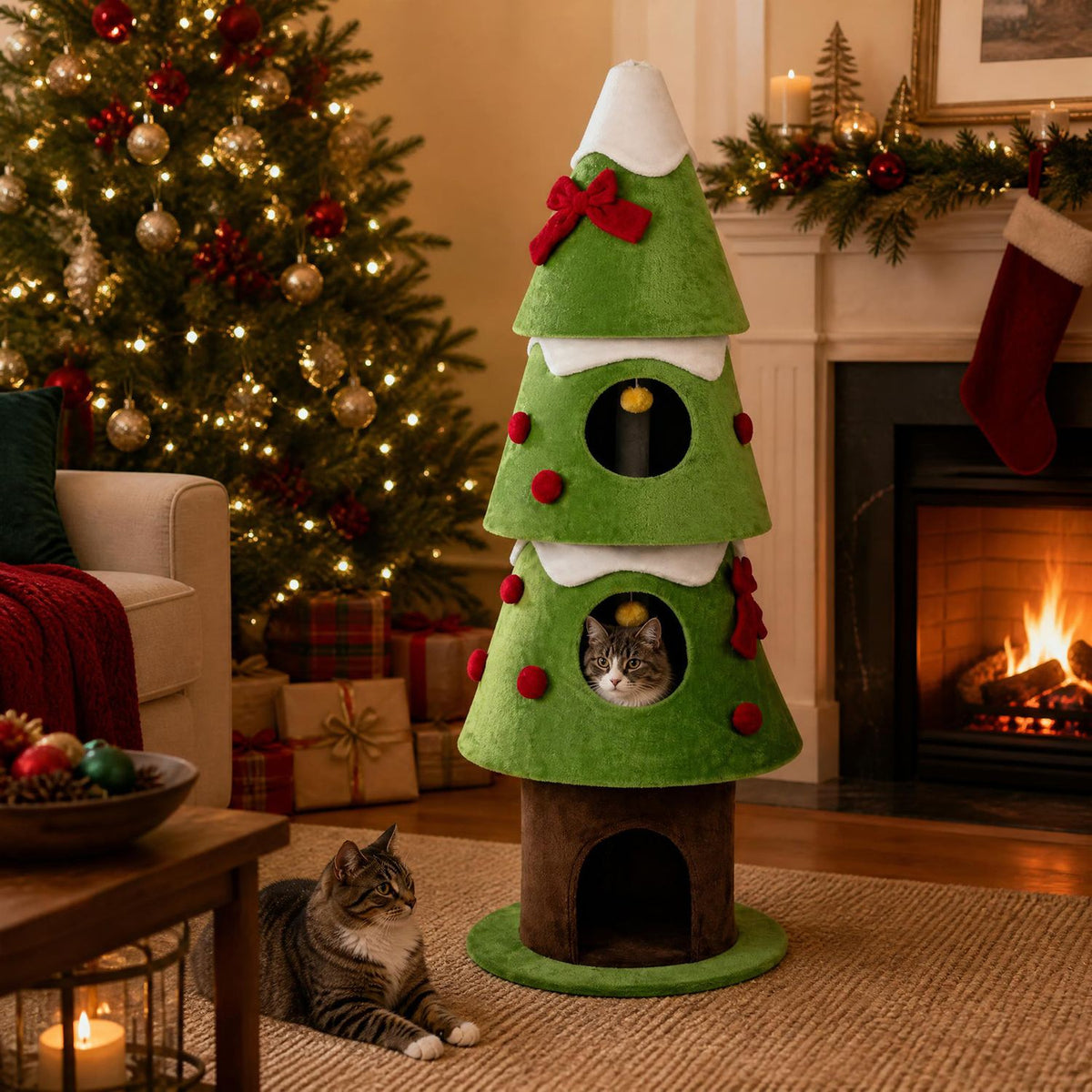 62" Christmas Cat Tree with 3 Cozy Condos and 2 Hanging Balls, Green