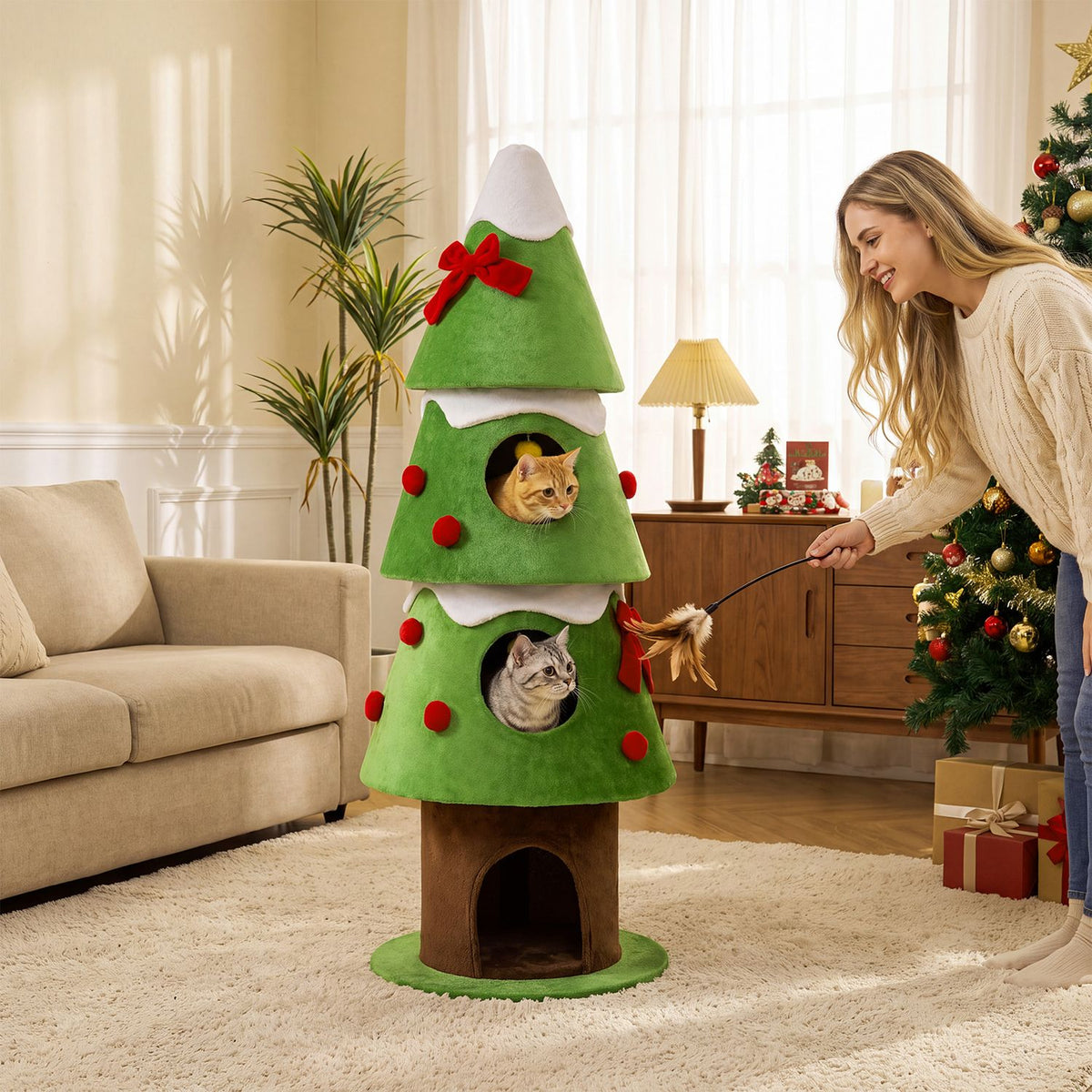 62" Christmas Cat Tree with 3 Cozy Condos and 2 Hanging Balls, Green