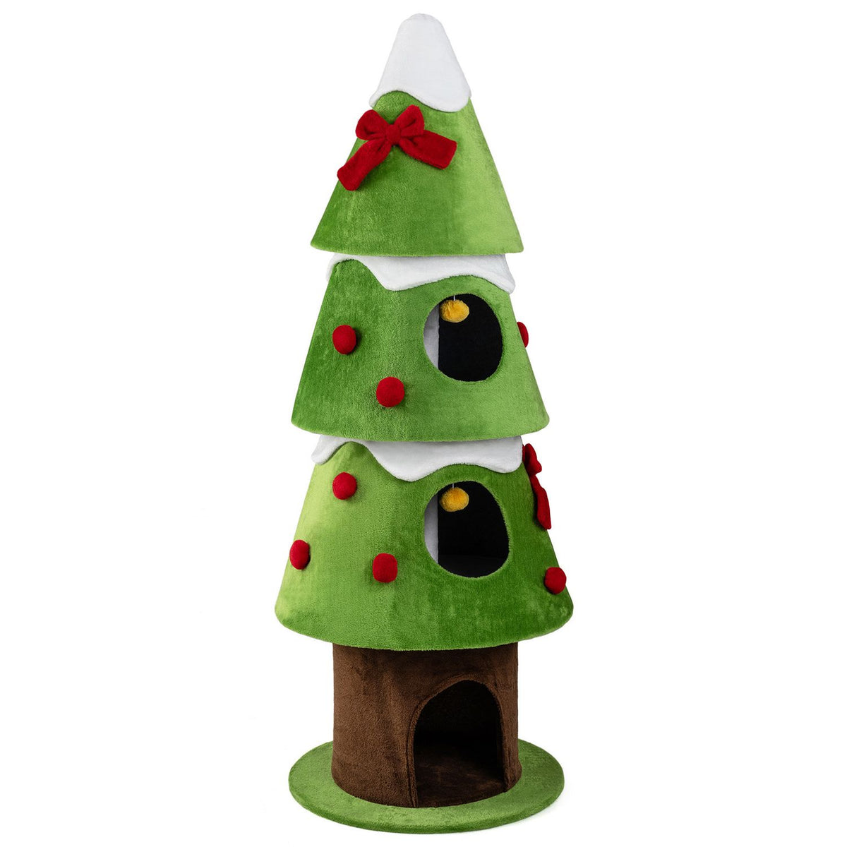 62" Christmas Cat Tree with 3 Cozy Condos and 2 Hanging Balls, Green