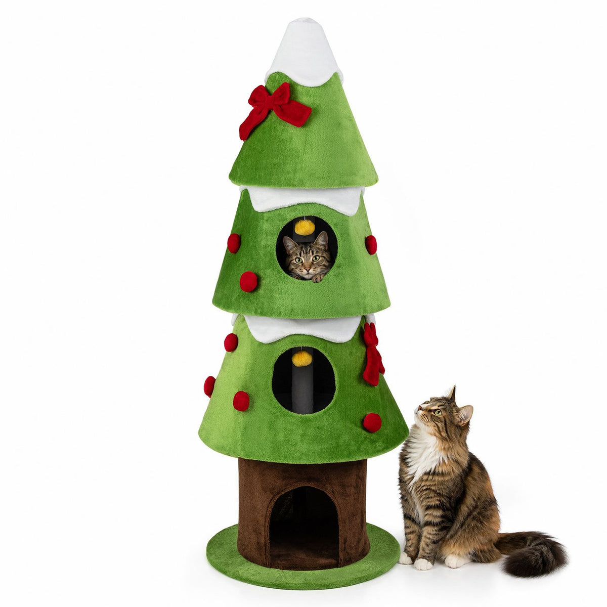 62" Christmas Cat Tree with 3 Cozy Condos and 2 Hanging Balls, Green
