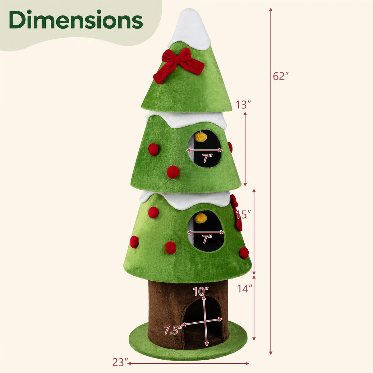 62" Christmas Cat Tree with 3 Cozy Condos and 2 Hanging Balls, Green