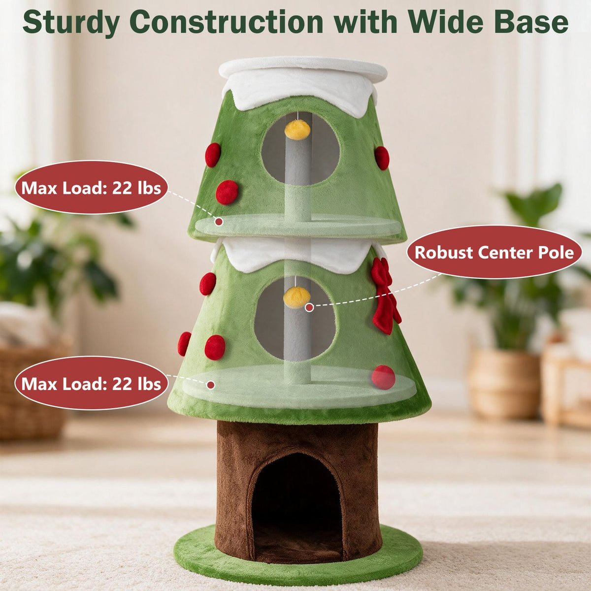 62" Christmas Cat Tree with 3 Cozy Condos and 2 Hanging Balls, Green