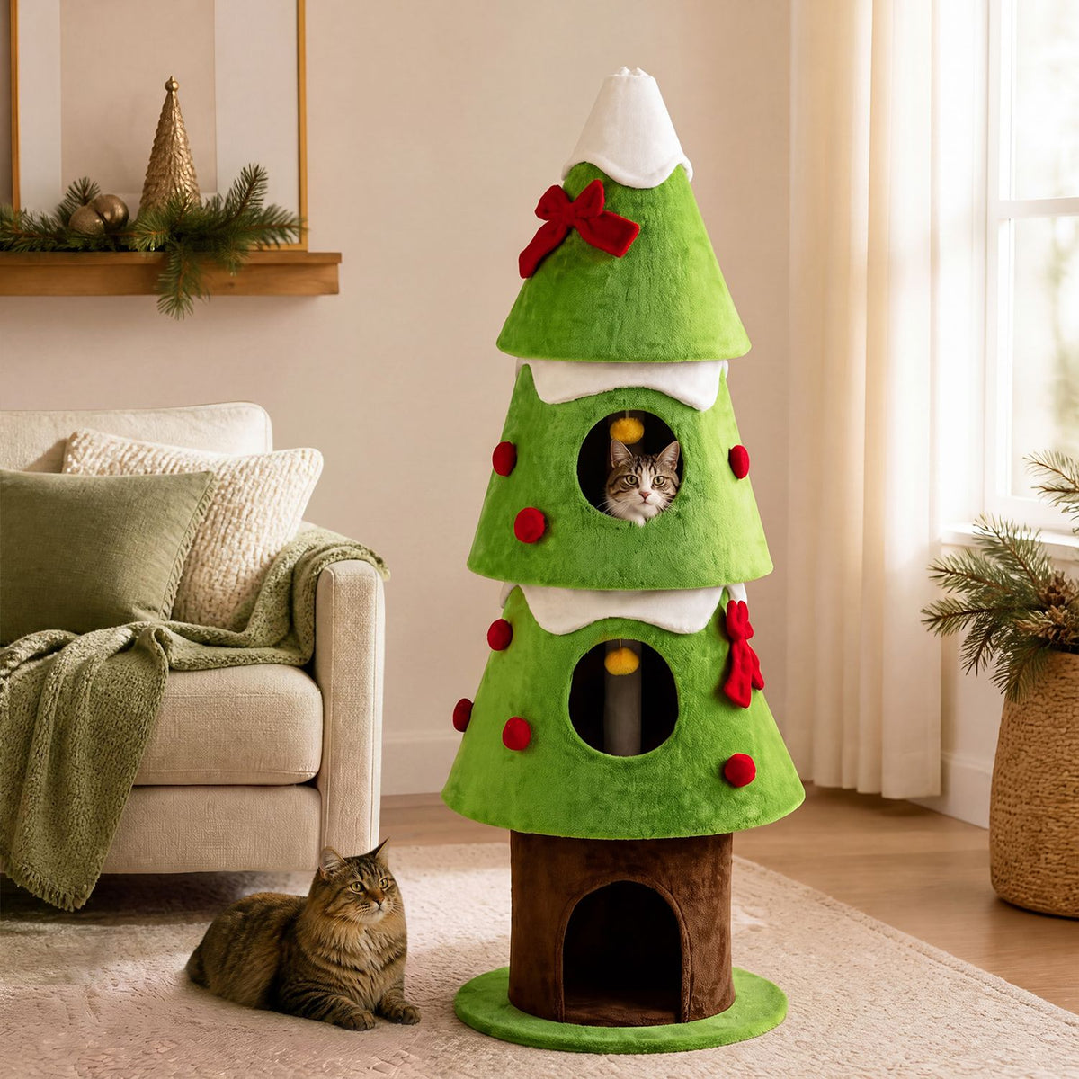 62" Christmas Cat Tree with 3 Cozy Condos and 2 Hanging Balls, Green