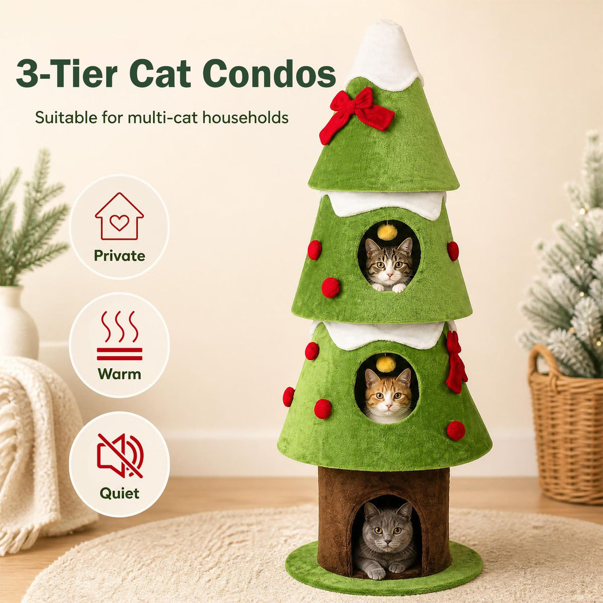 62" Christmas Cat Tree with 3 Cozy Condos and 2 Hanging Balls, Green