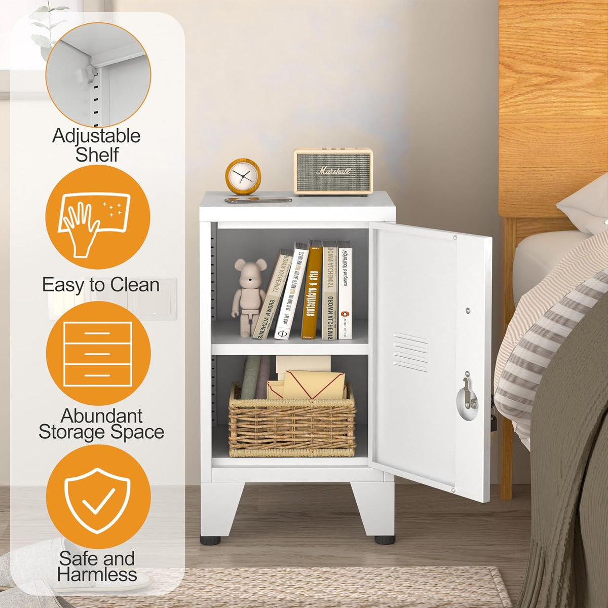 Feature graphic highlighting adjustable shelf, easy to clean surface, abundant storage and safety icon next to the locker