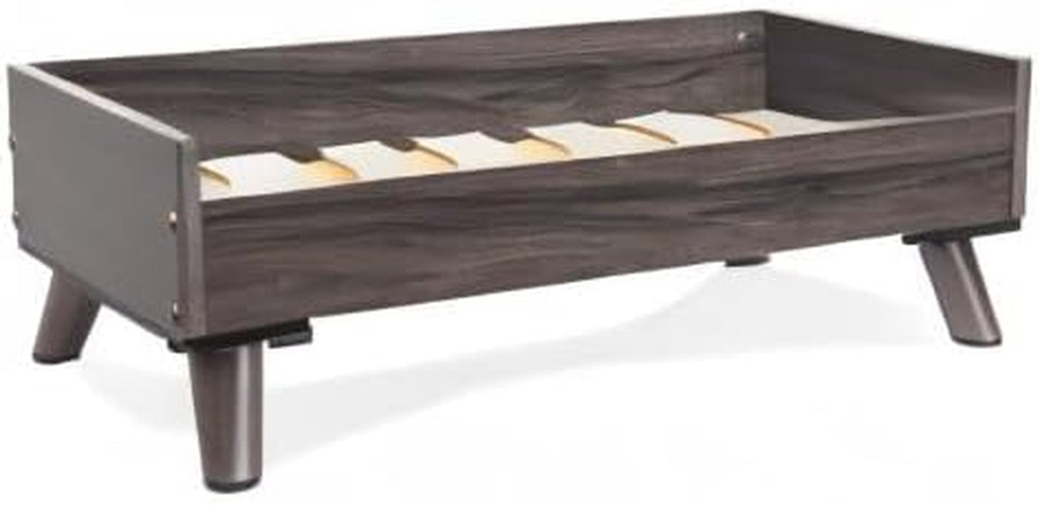 Low mid-century style wooden elevated dog bed frame shown empty on white background
