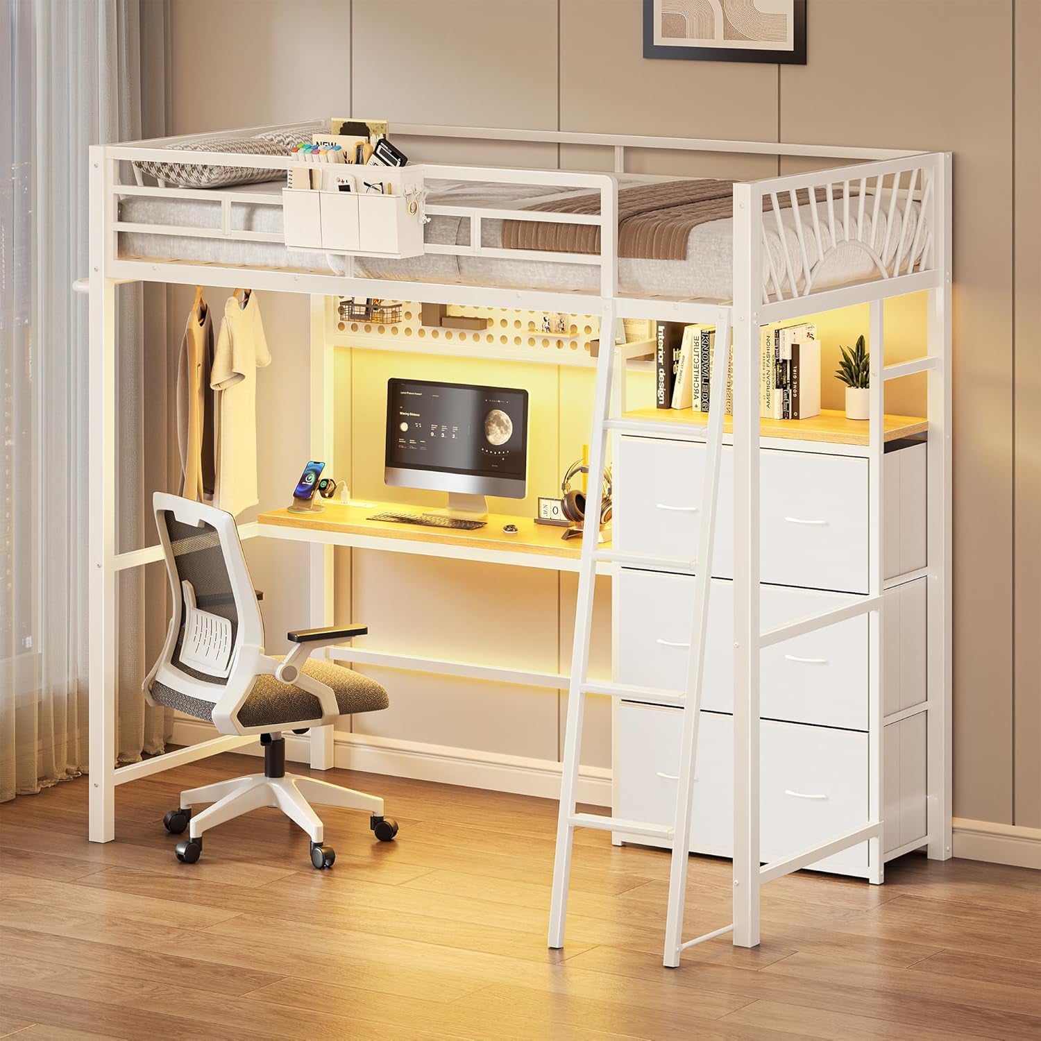 Angled view of the white loft bed showing ladder, hanging clothes, desk setup and chair on wood floor