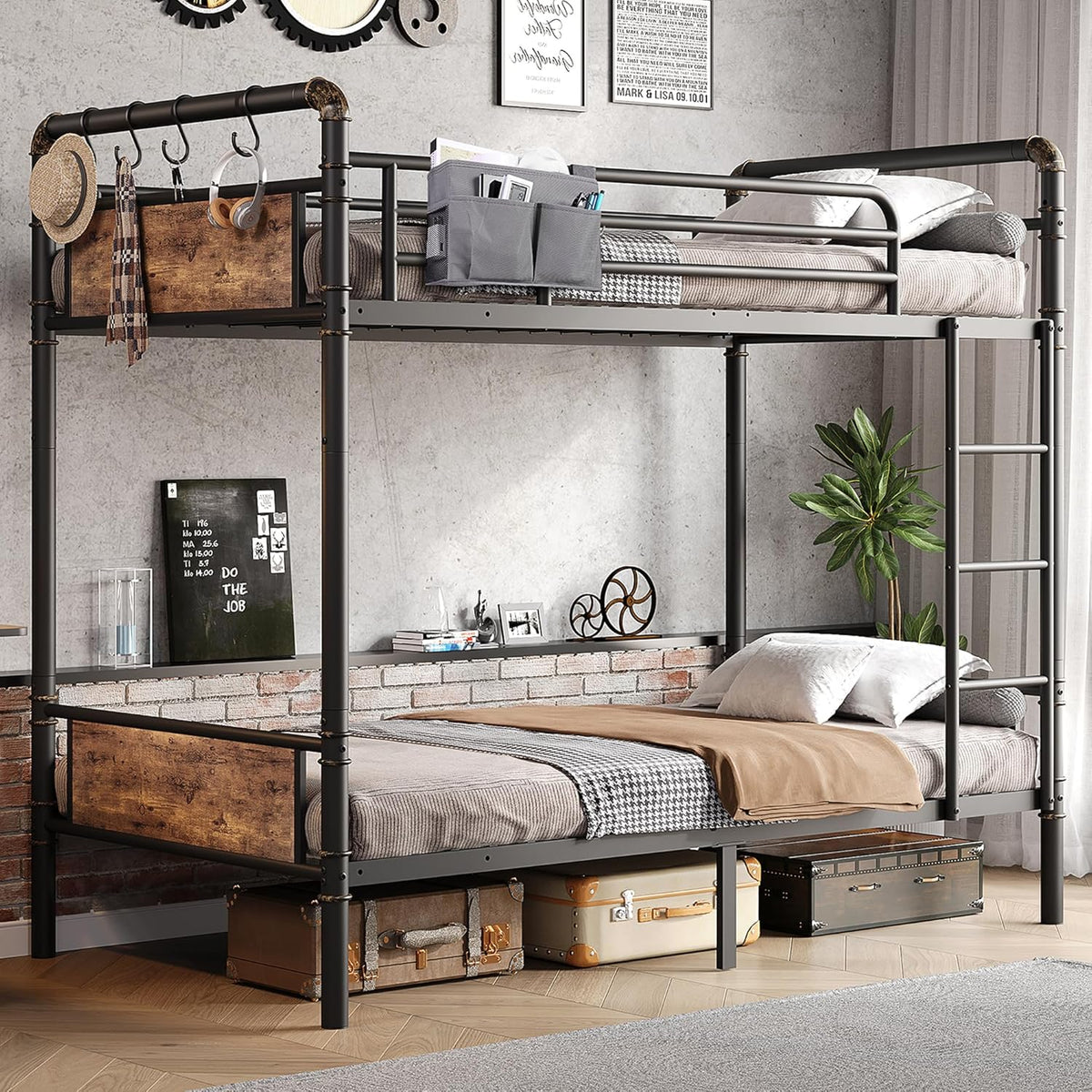 Industrial twin-over-twin metal bunk bed with wood-look panels in a styled bedroom