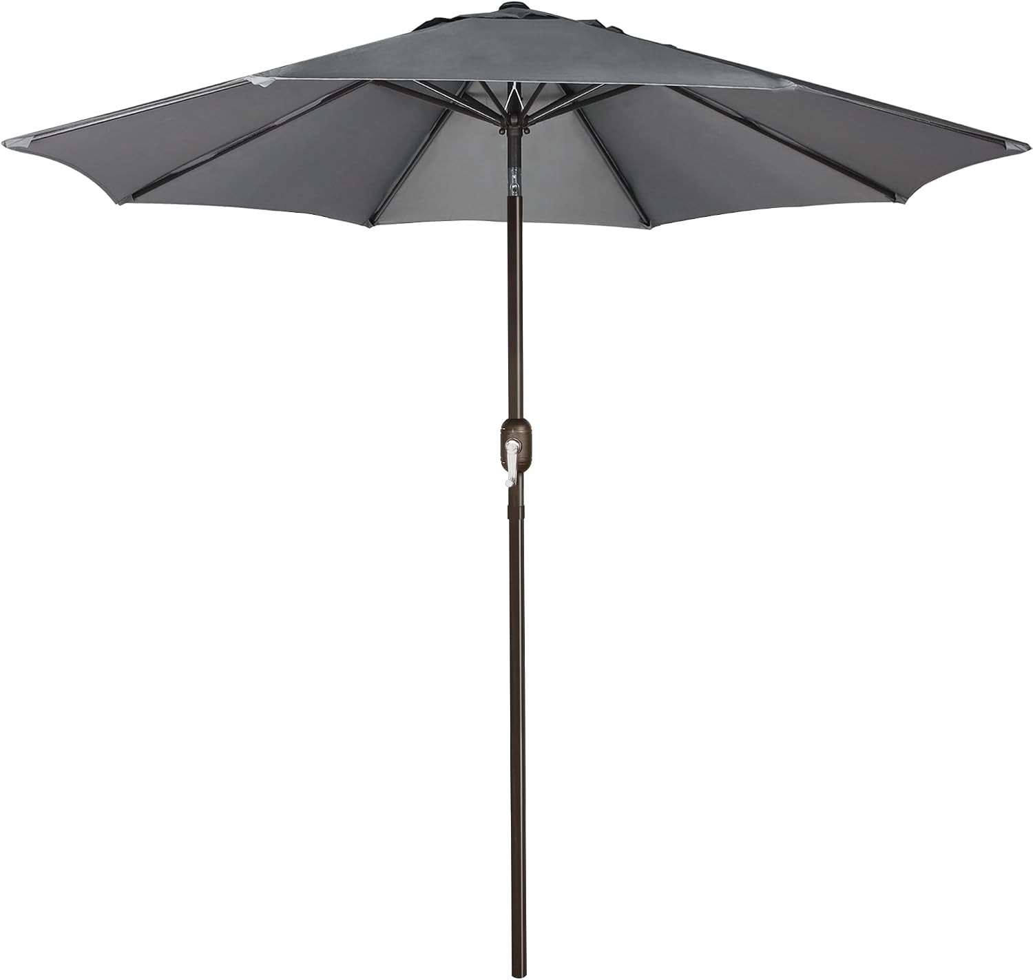 Front view of a charcoal gray patio umbrella with visible ribs and a brown pole and crank.