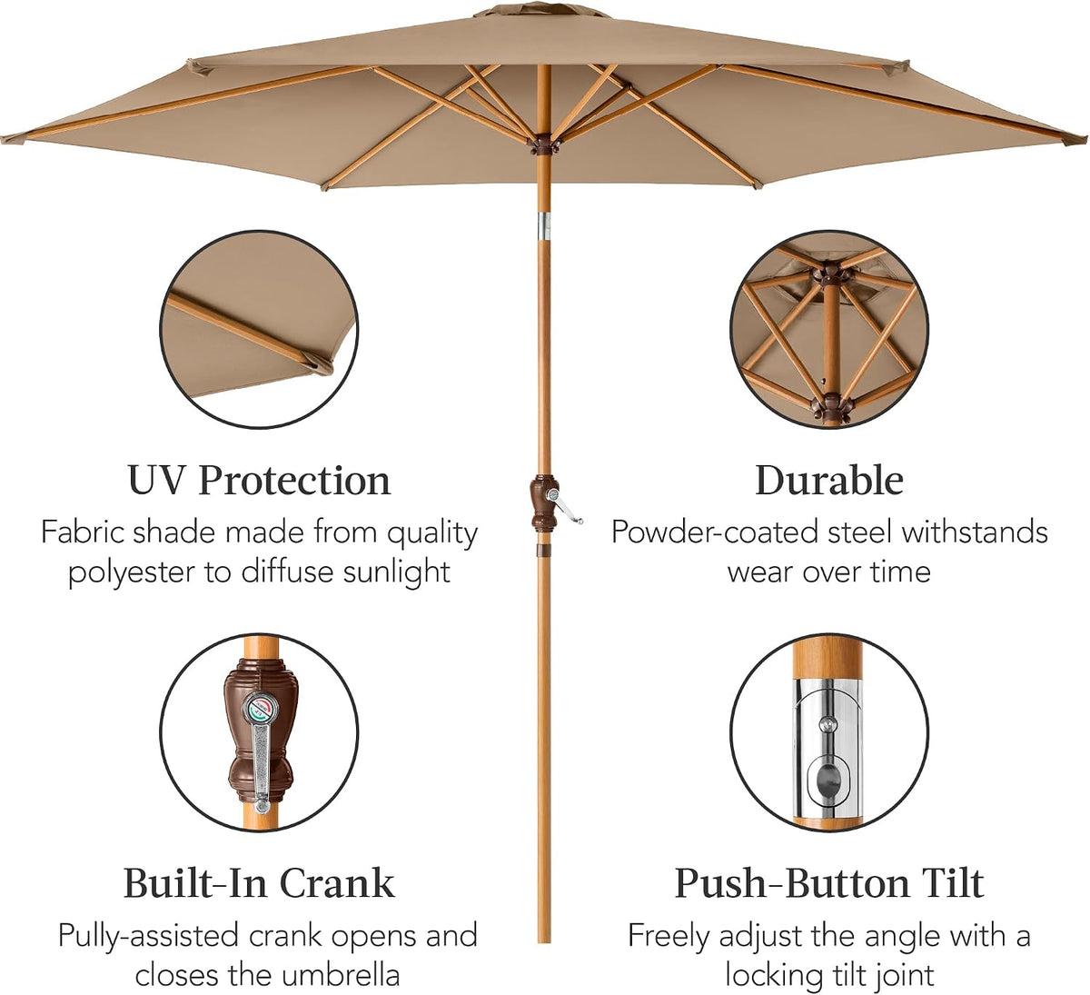Full tan umbrella with inset circles highlighting crank handle, push-button tilt, ribs and steel pole details.