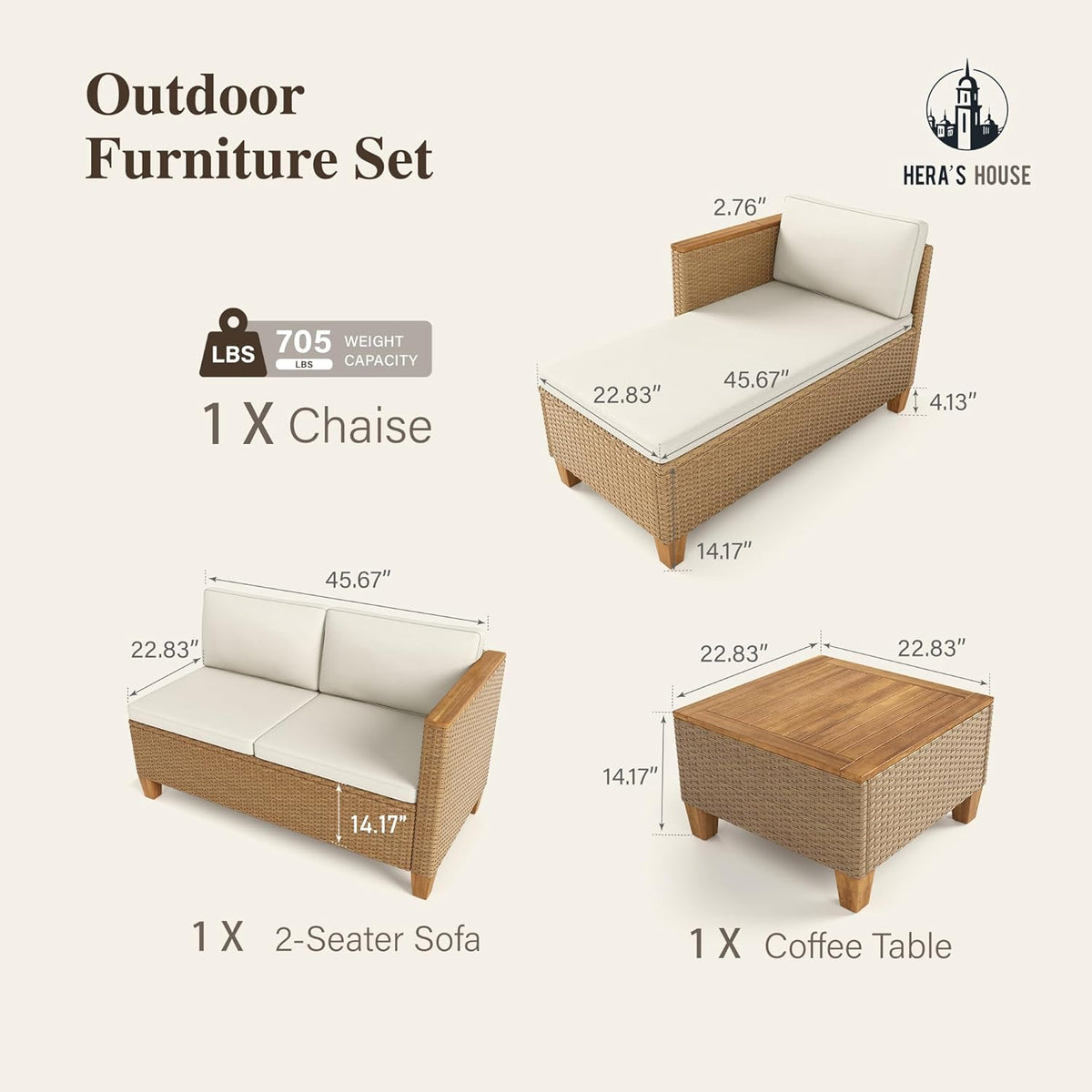 Three rendered pieces: chaise, two-seat sofa and square coffee table with measurement callouts