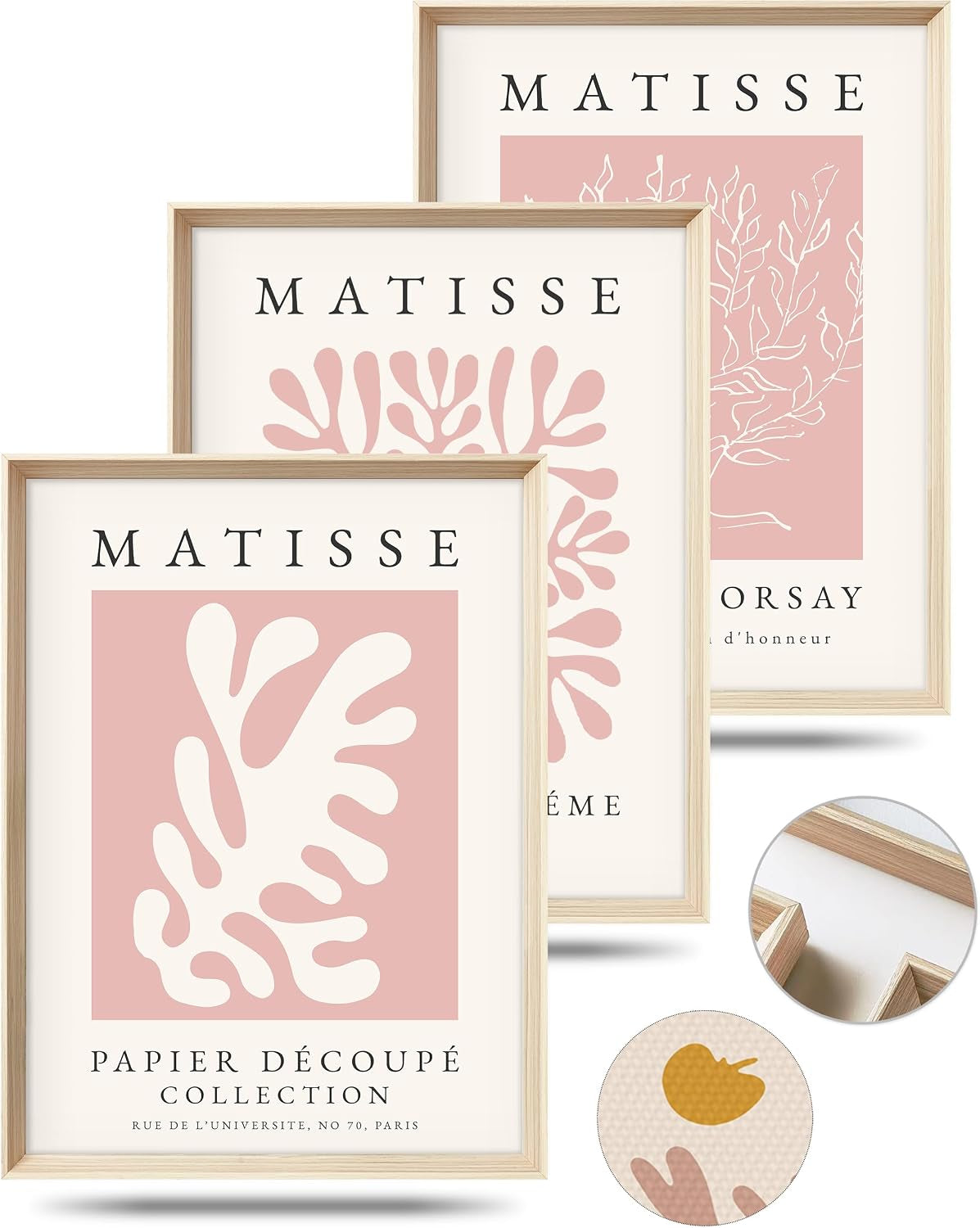 Stacked light-wood frames with pink botanical cutout prints, inset close-ups showing frame corner and texture swatches.