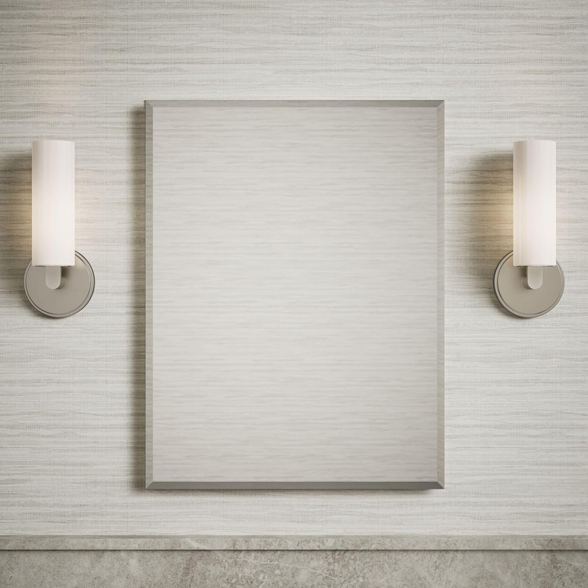 Beveled-edge mirrored cabinet centered on a textured wall between two vertical wall sconces, straight-on view.