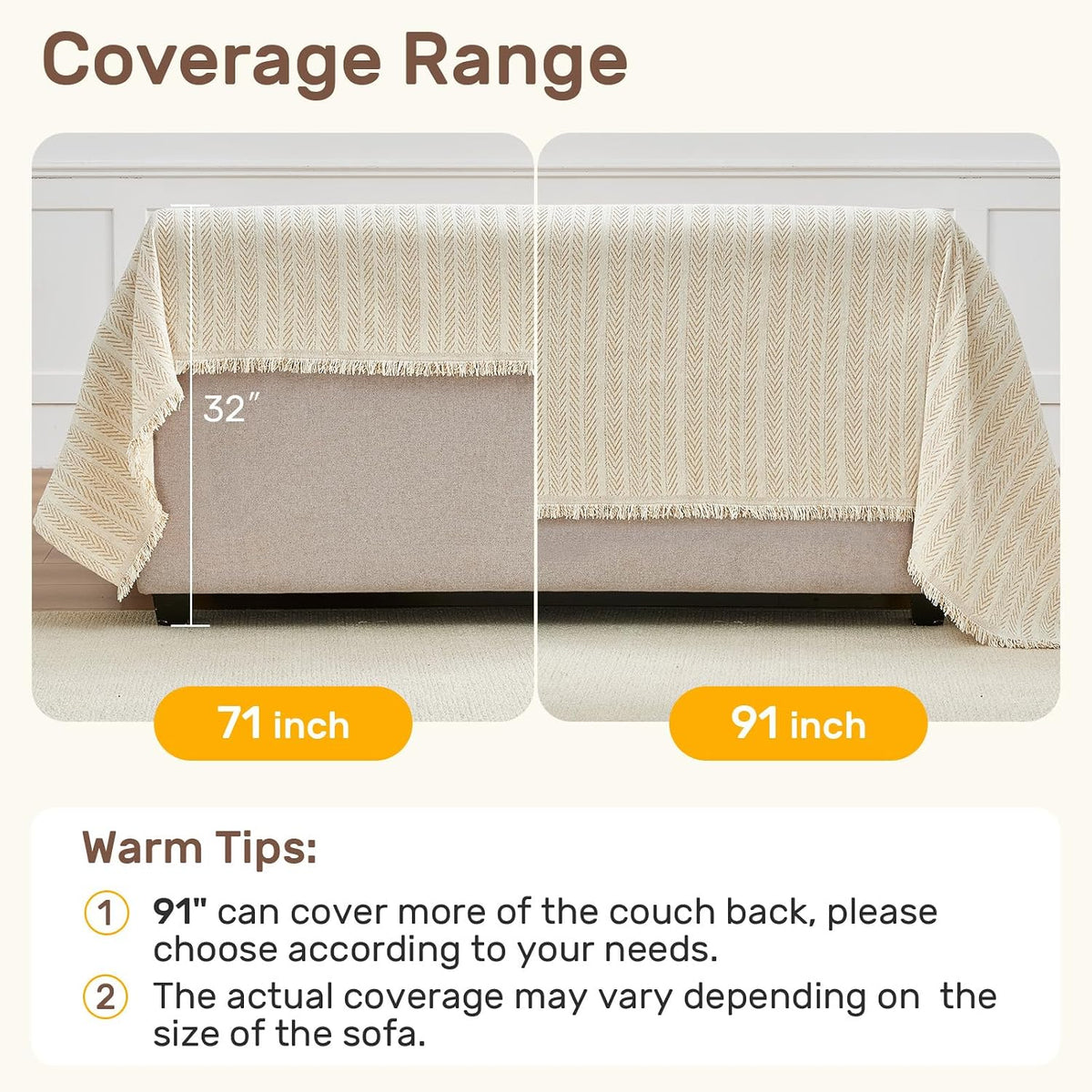 Coverage comparison image showing 71-inch and 91-inch back drop options on a sofa covered with a herringbone chenille throw