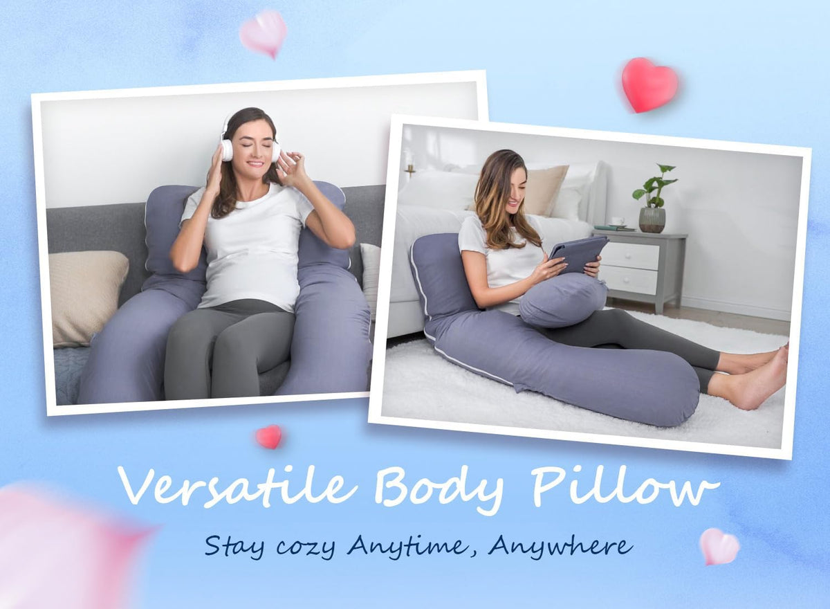 Two-panel composition showing the U-shaped pillow used as back support while seated and as a lap pillow for reading
