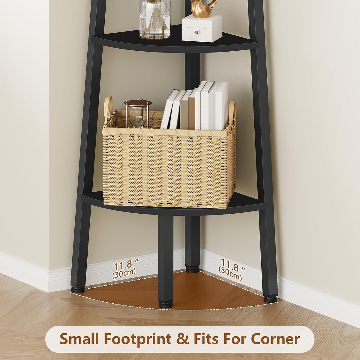 Close-up of bottom shelf and legs showing small footprint with 11.8-inch corner callouts and adjustable feet