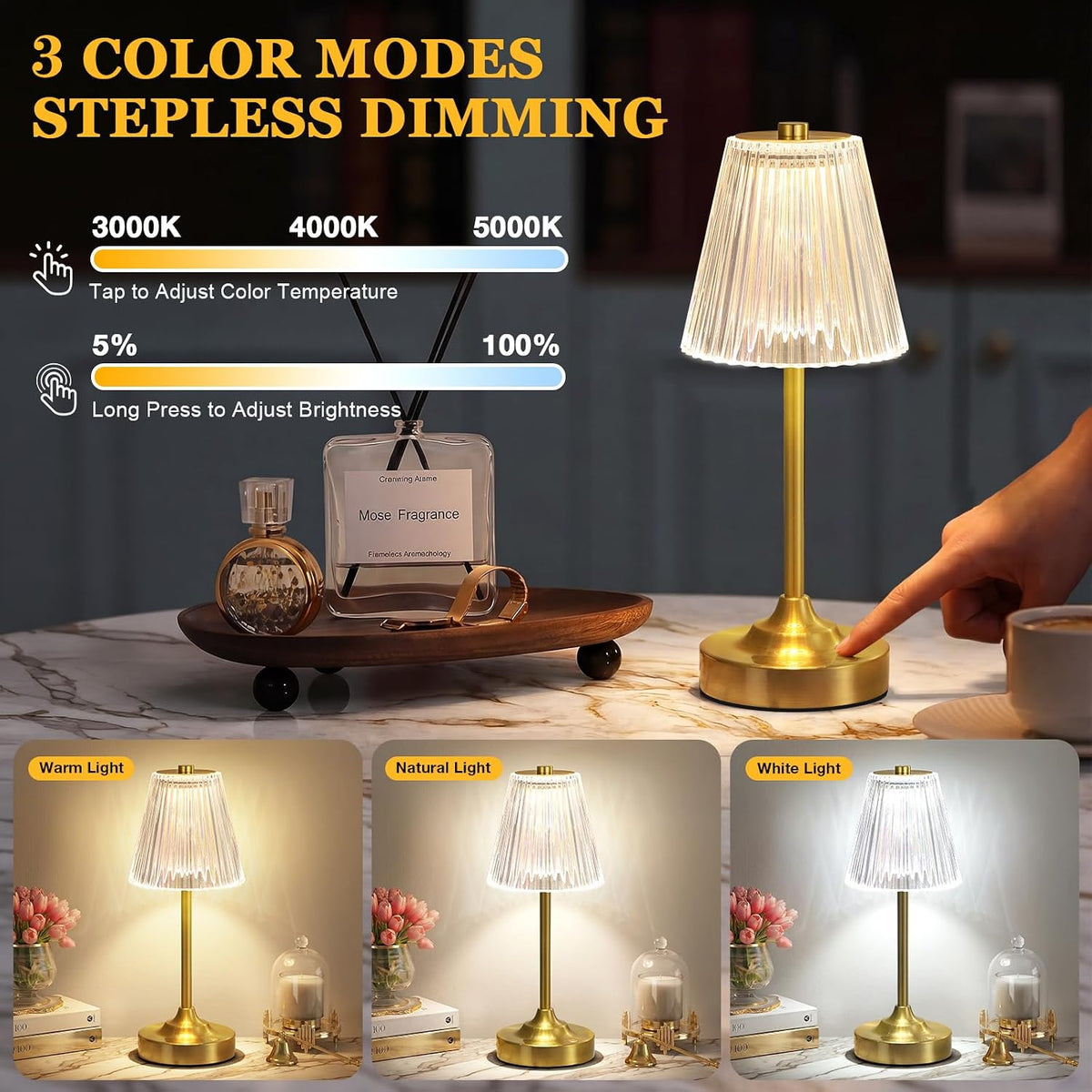 Gold cordless lamp on a tabletop being touched to demonstrate touch controls with graphic showing three color temperatures